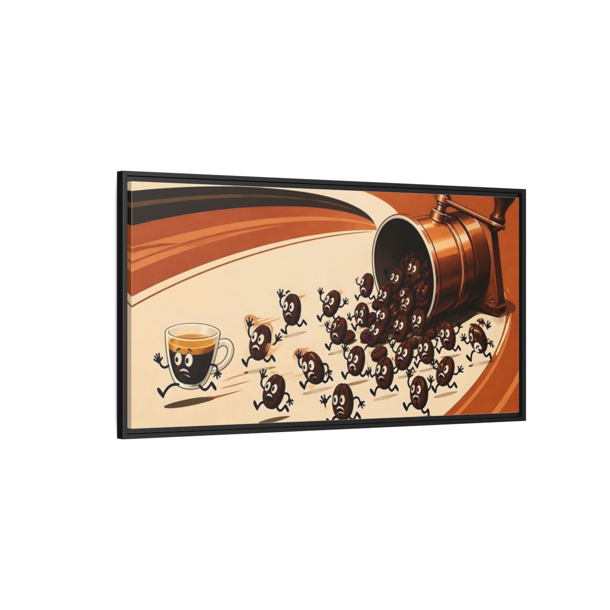 Side Mockup 5. Coffee Beans On The Run shown as framed canvas print