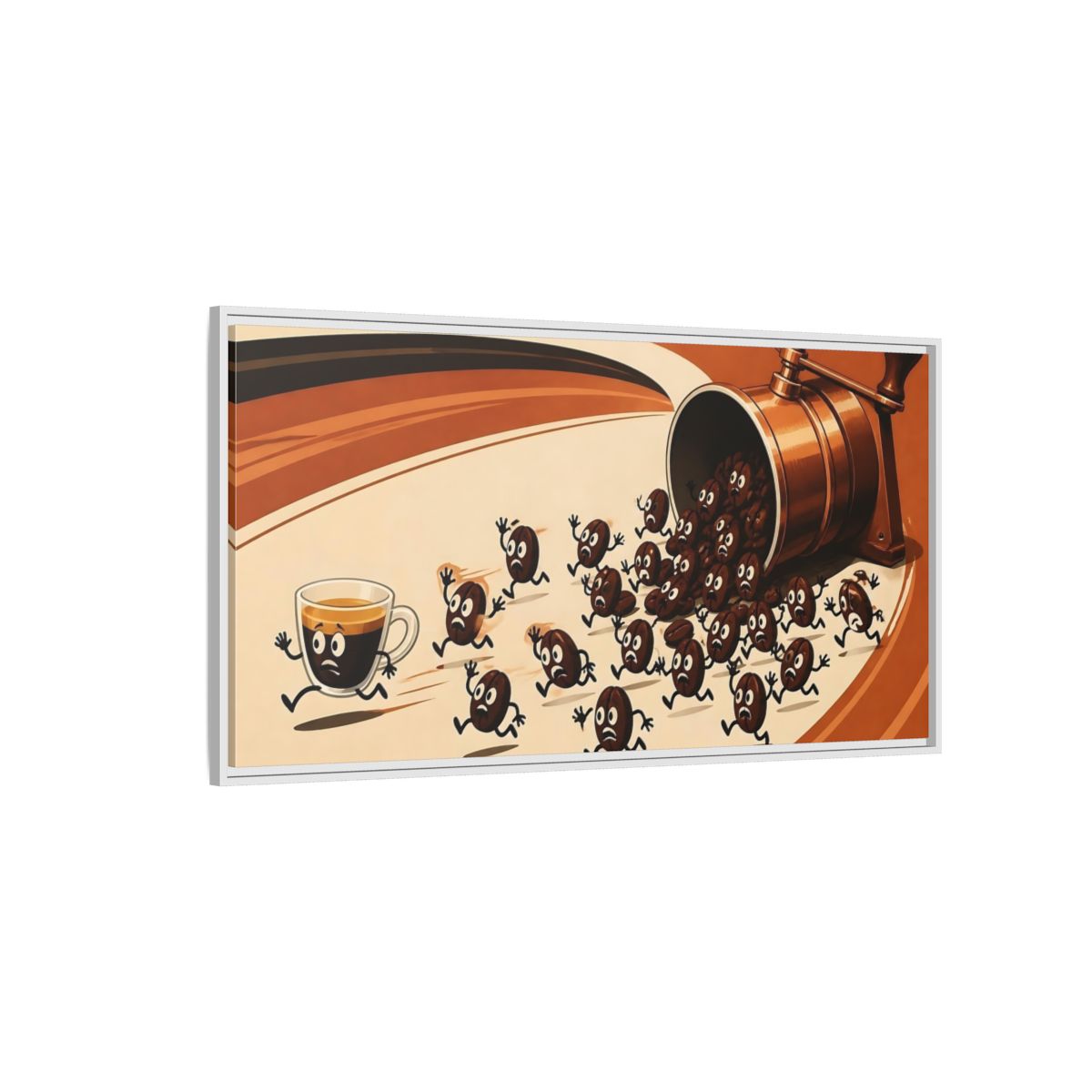 Side Mockup 3. Coffee Beans On The Run shown as framed canvas print