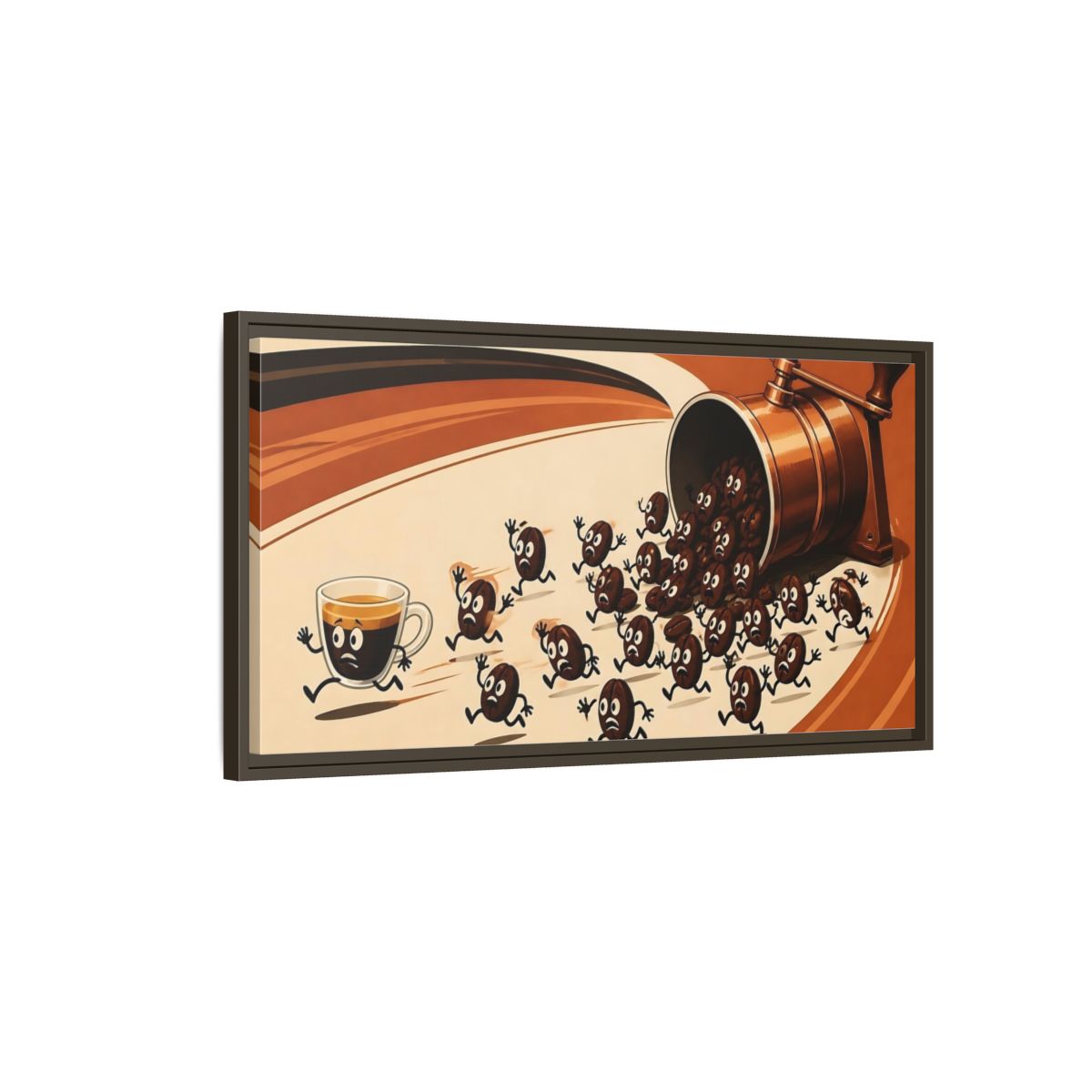 Main Mockup. Coffee Beans On The Run shown as framed canvas print