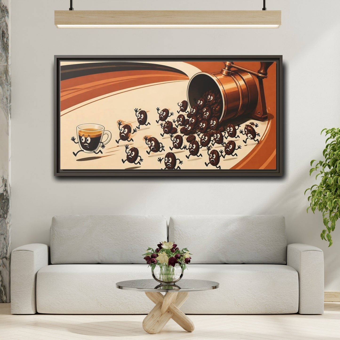 Mockup 2. Coffee Beans On The Run shown as framed canvas print