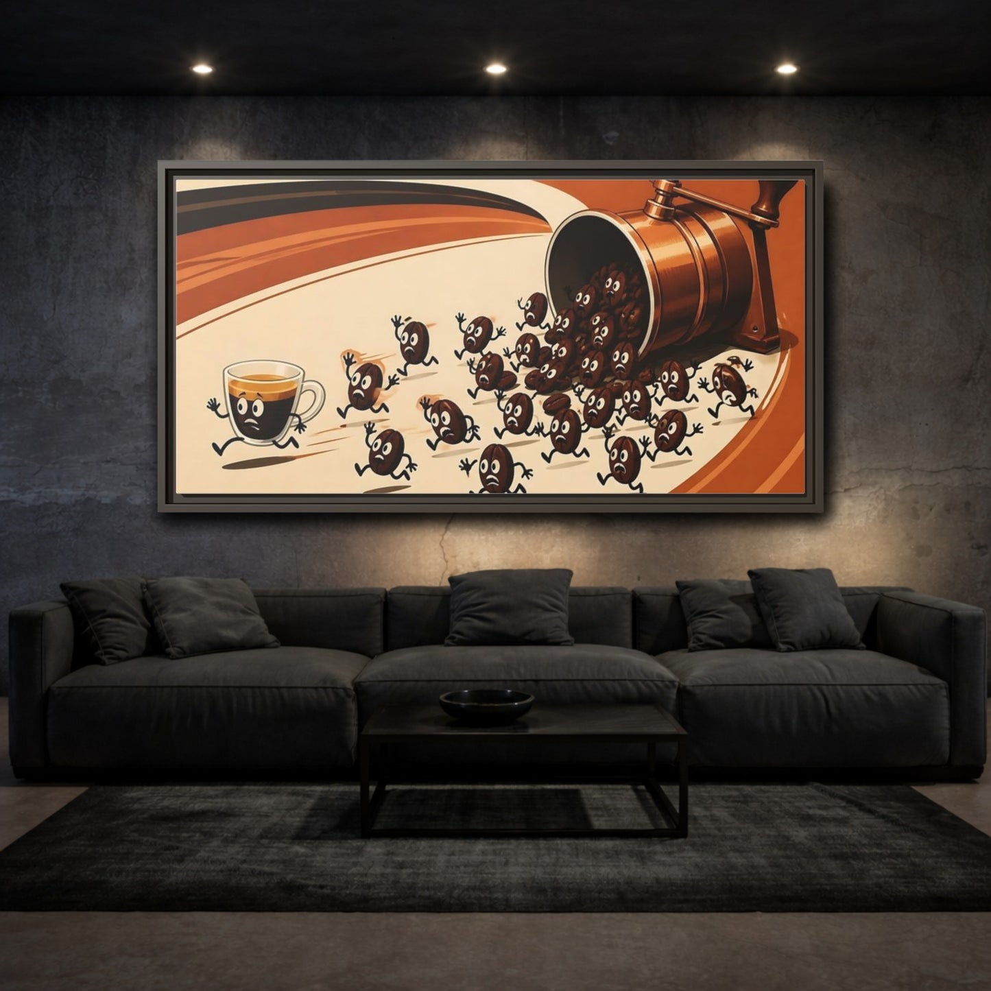 Mockup 3. Coffee Beans On The Run shown as framed canvas print