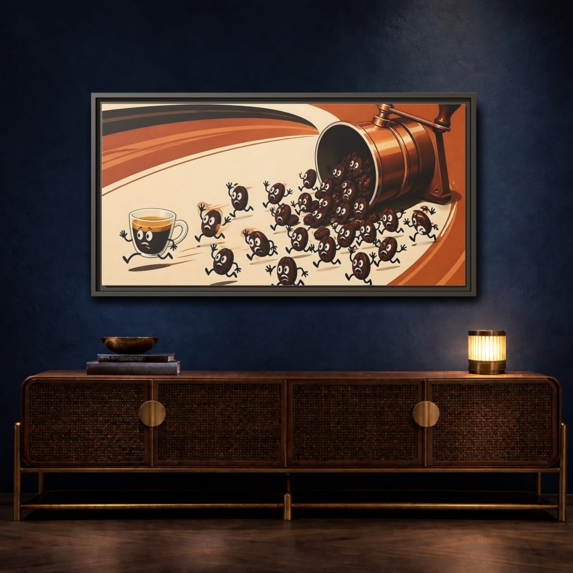 Mockup 4. Coffee Beans On The Run shown as framed canvas print