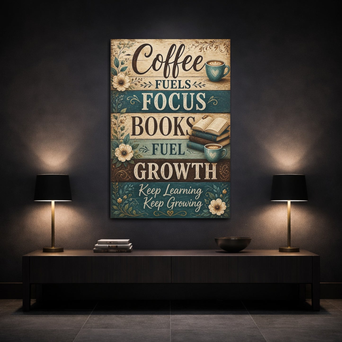 Mockup 3. Coffee Quotes & Books shown as canvas print