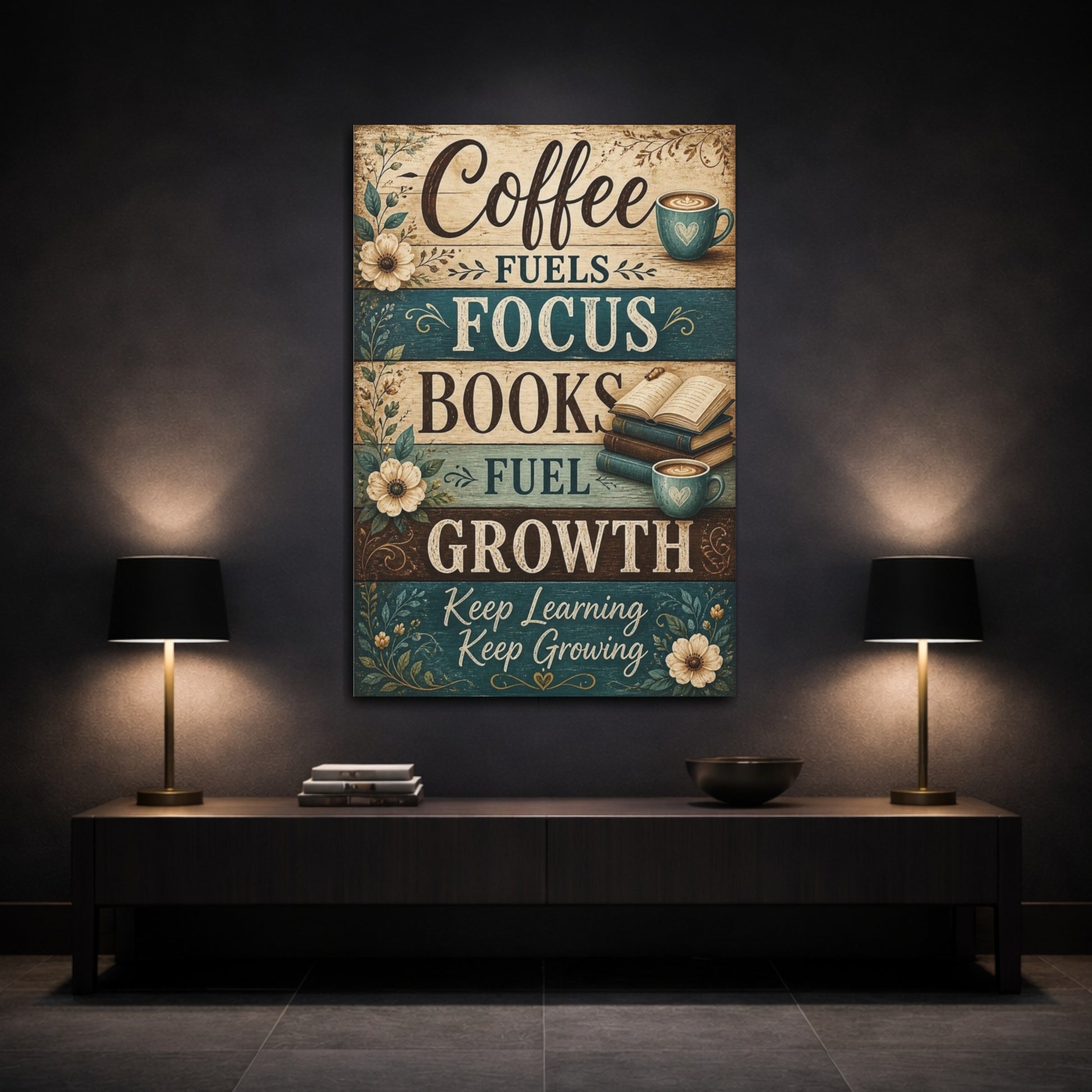 Mockup 3. Coffee Quotes & Books shown as canvas print