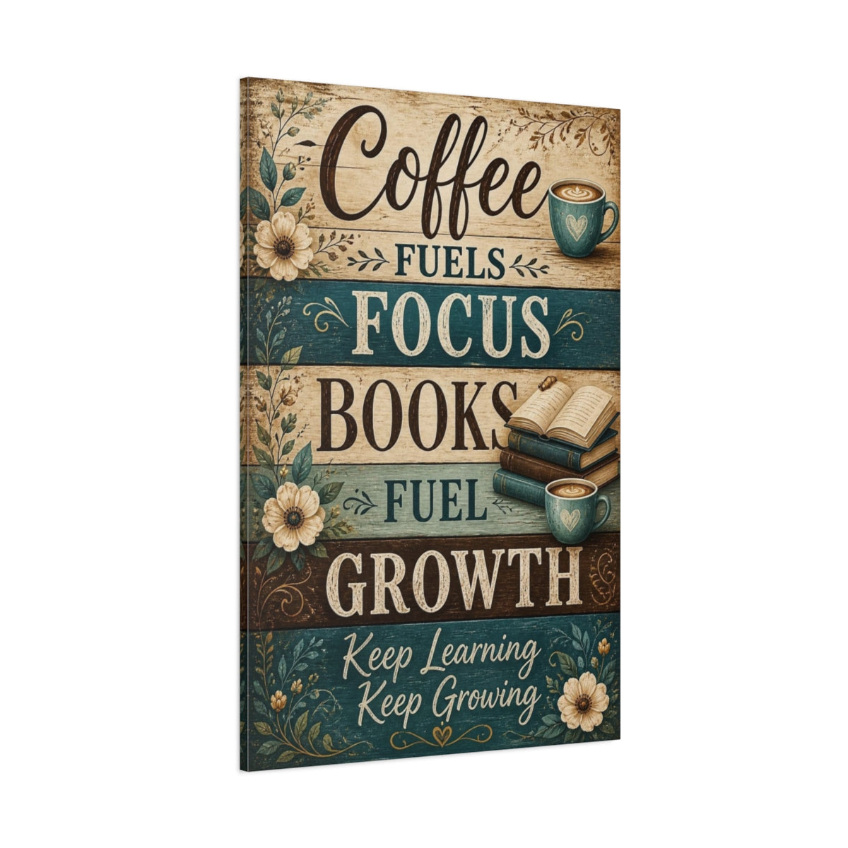 Side Mockup 1. Coffee Quotes & Books shown as canvas print