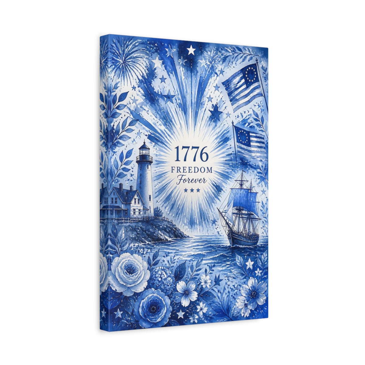 Side Mockup 4. Colonial Lighthouse 1776 shown as canvas print