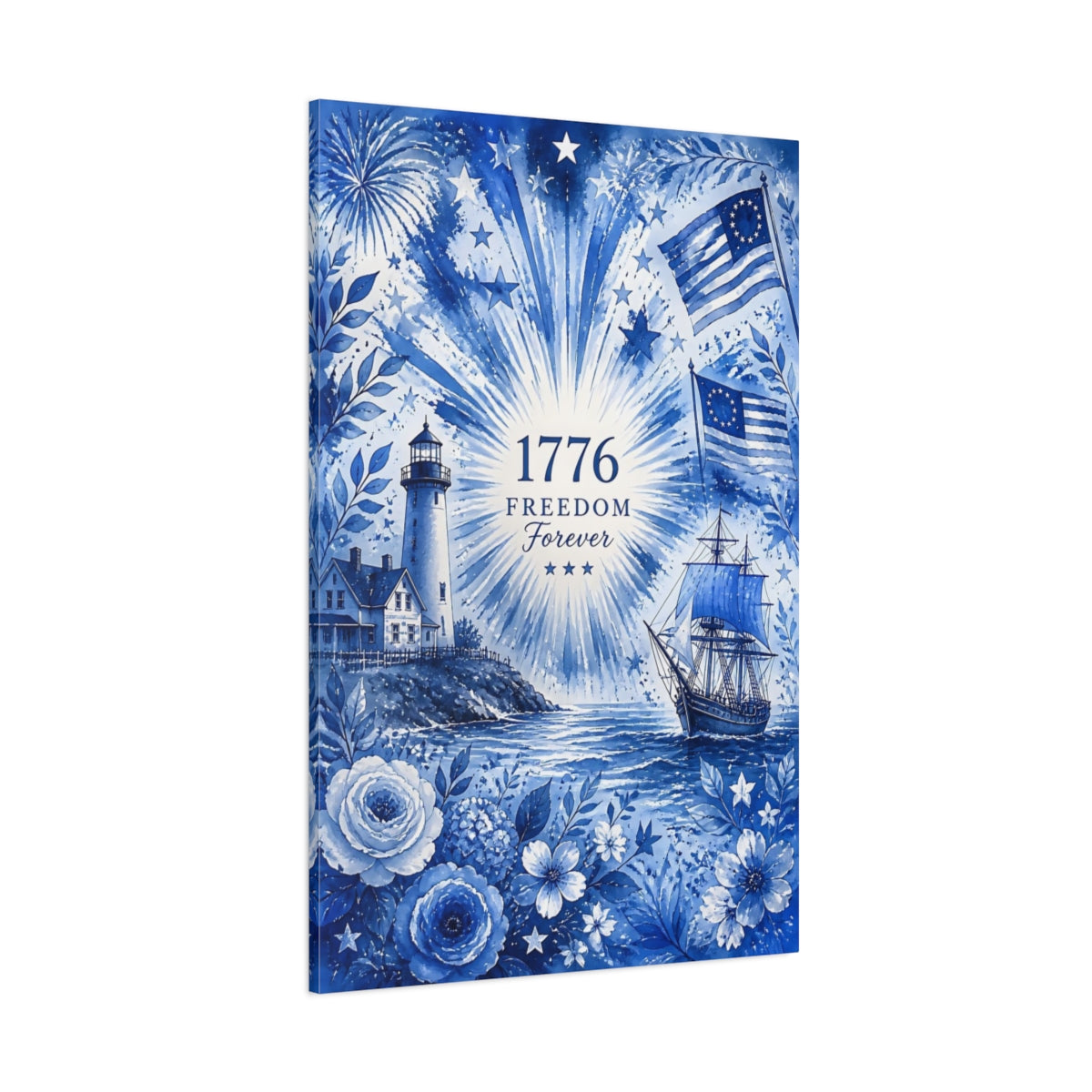 Side Mockup 1. Colonial Lighthouse 1776 shown as canvas print