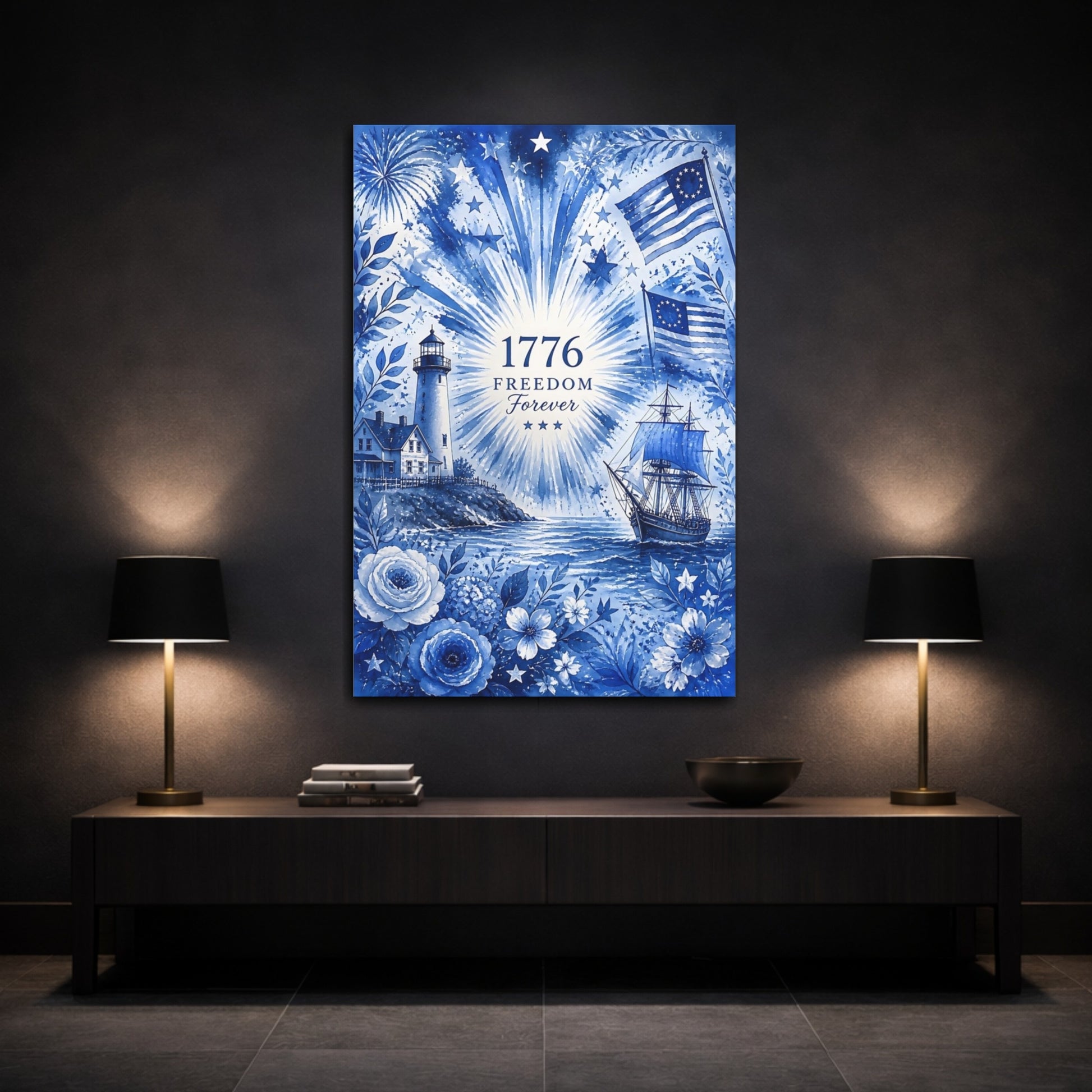 Mockup 3. Colonial Lighthouse 1776 shown as canvas print