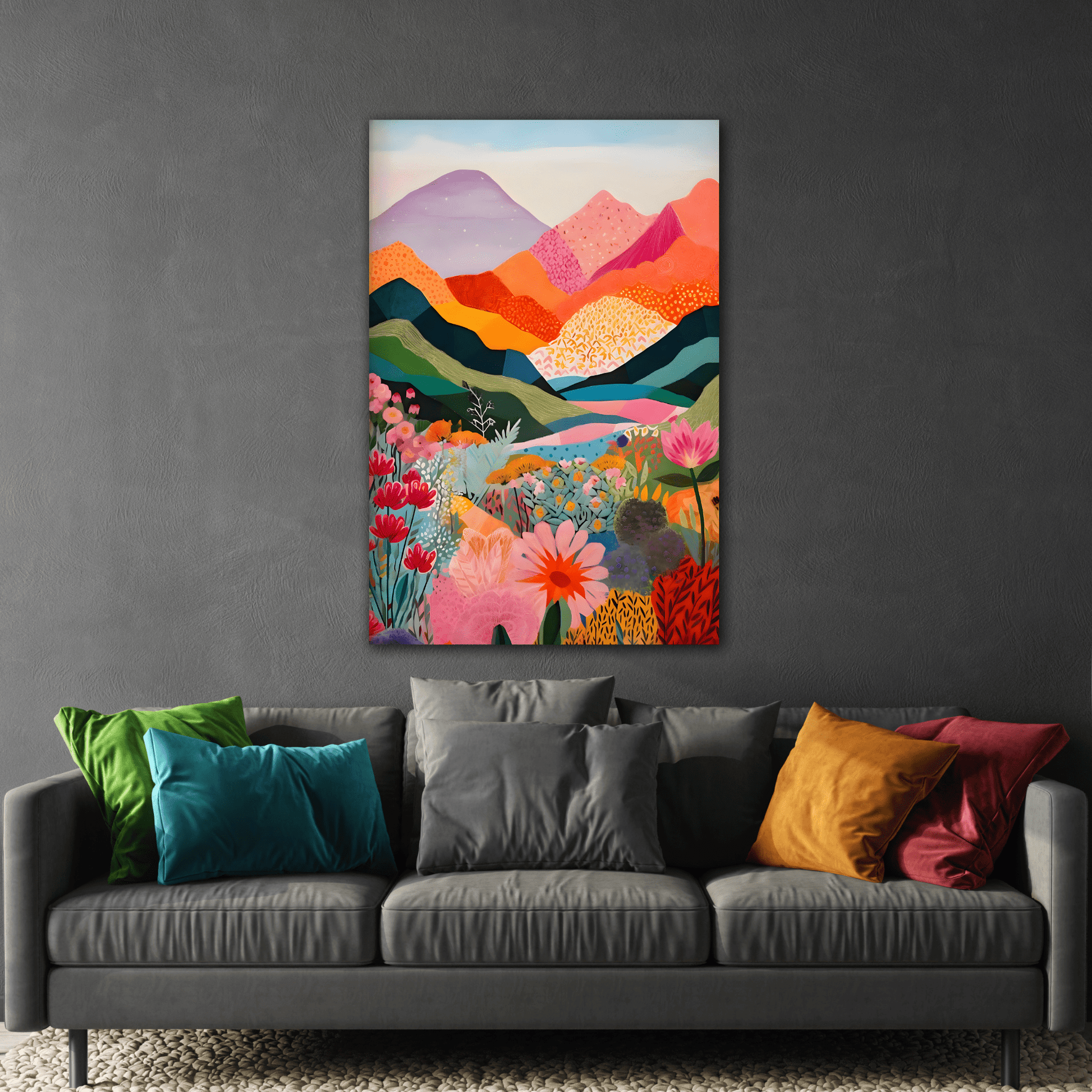 Colorful Landscape Canvas Wall Art - Abstract Floral Mountain Artwork