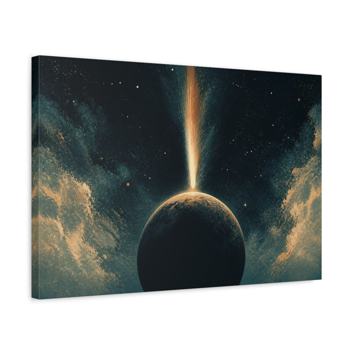 Side Mockup 3. Comet Over Dark Planet shown as canvas print