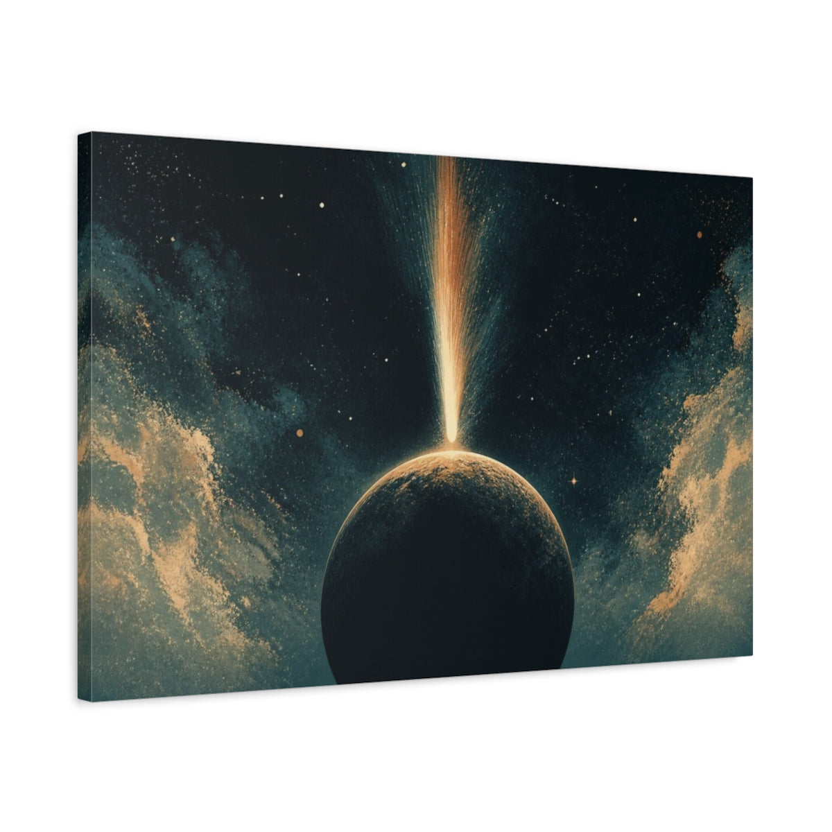 Side Mockup 2. Comet Over Dark Planet shown as canvas print