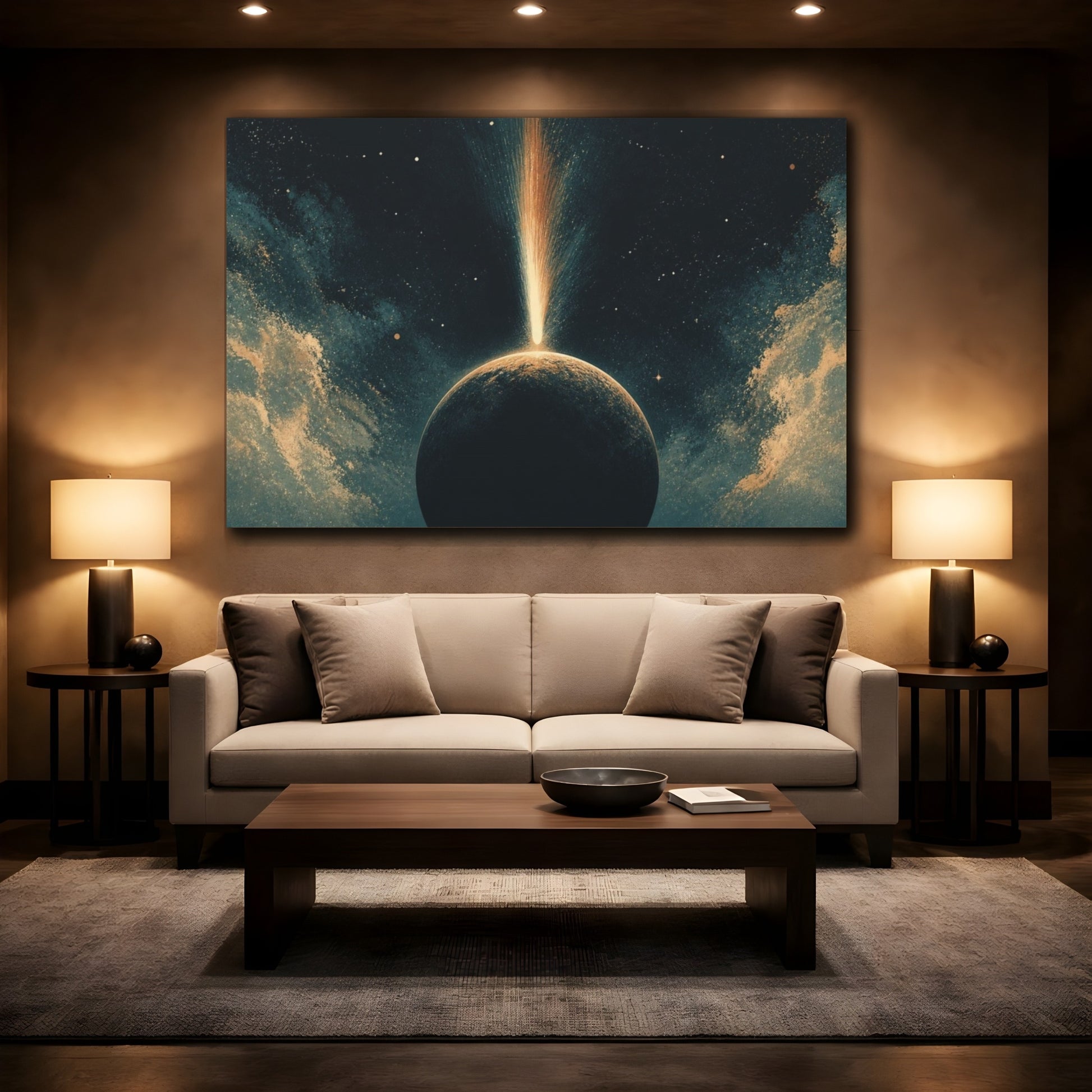 Mockup 2. Comet Over Dark Planet shown as canvas print