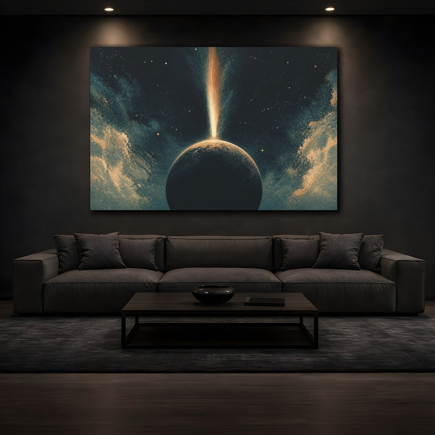 Mockup 3. Comet Over Dark Planet shown as canvas print