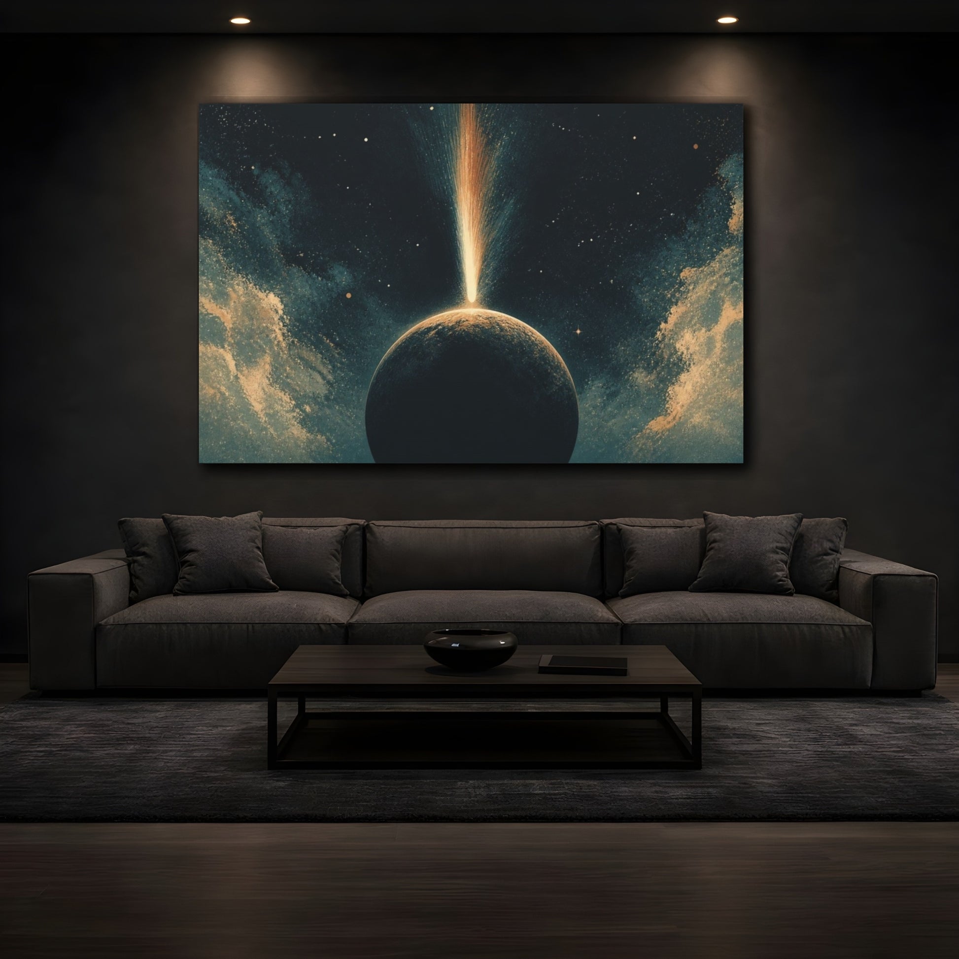Mockup 3. Comet Over Dark Planet shown as canvas print