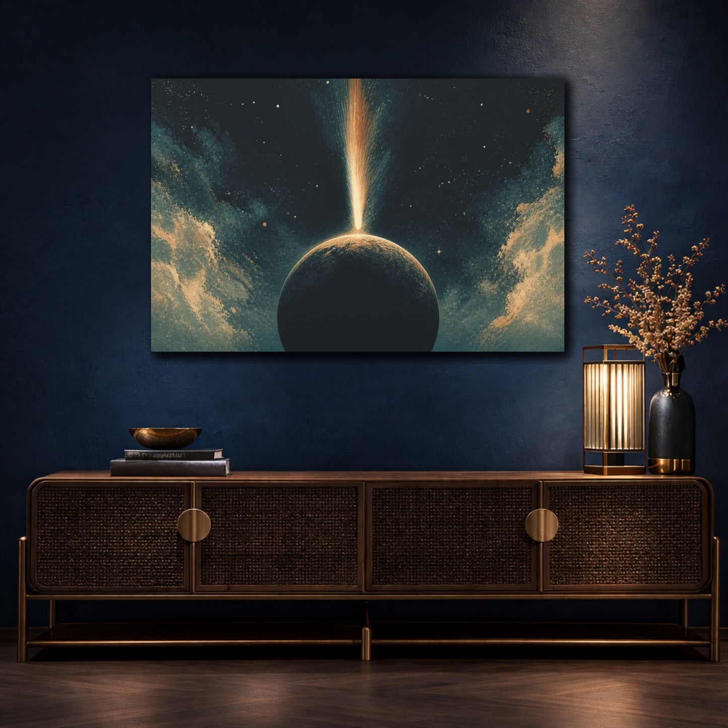 Mockup 4. Comet Over Dark Planet shown as canvas print