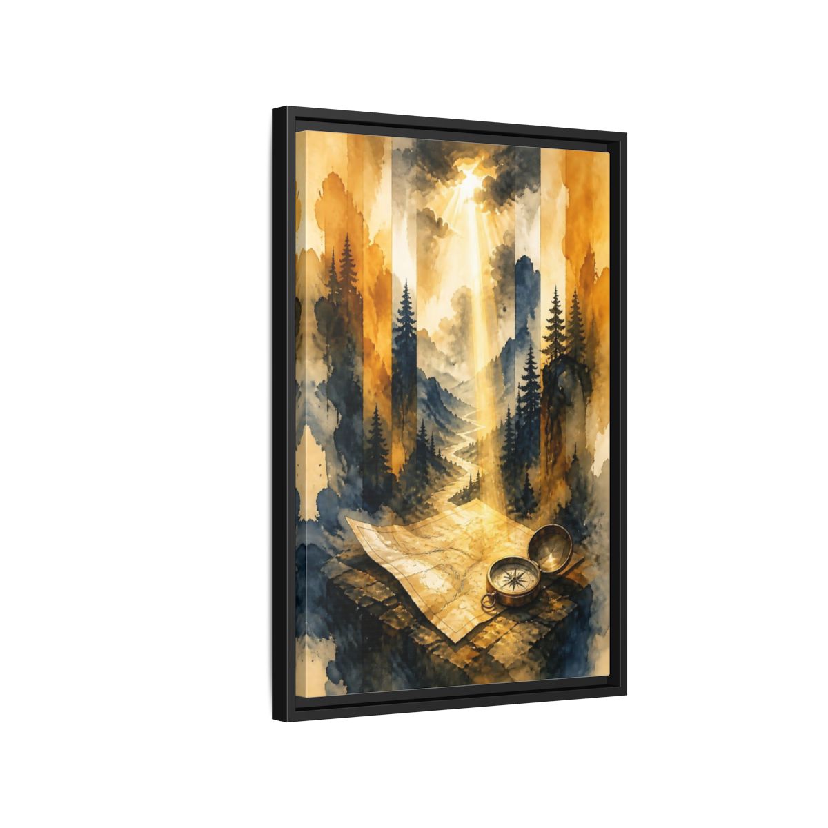 Side Mockup 3. Compass On Mountain Map shown as framed canvas print