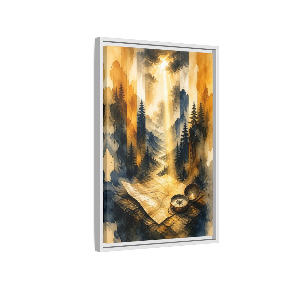 Side Mockup 1. Compass On Mountain Map shown as framed canvas print