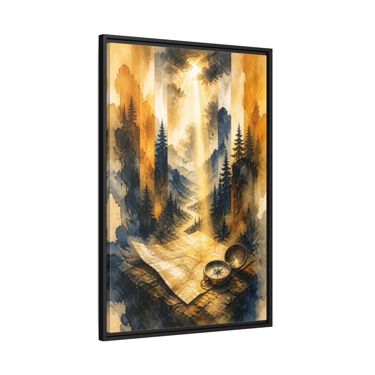 Side Mockup 13. Compass On Mountain Map shown as framed canvas print