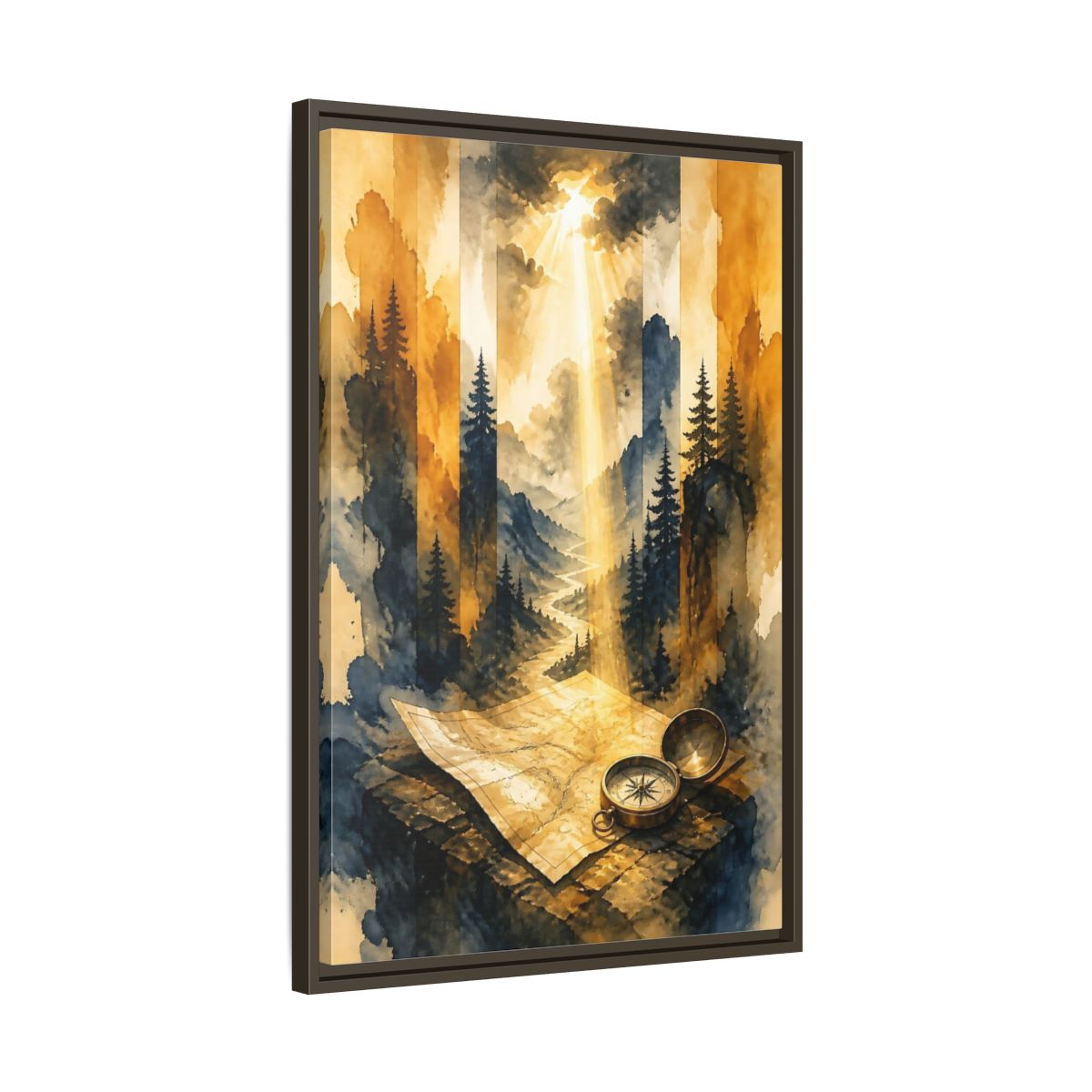 Side Mockup 11. Compass On Mountain Map shown as framed canvas print