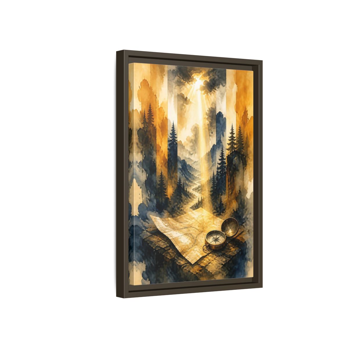 Side Mockup 5. Compass On Mountain Map shown as framed canvas print