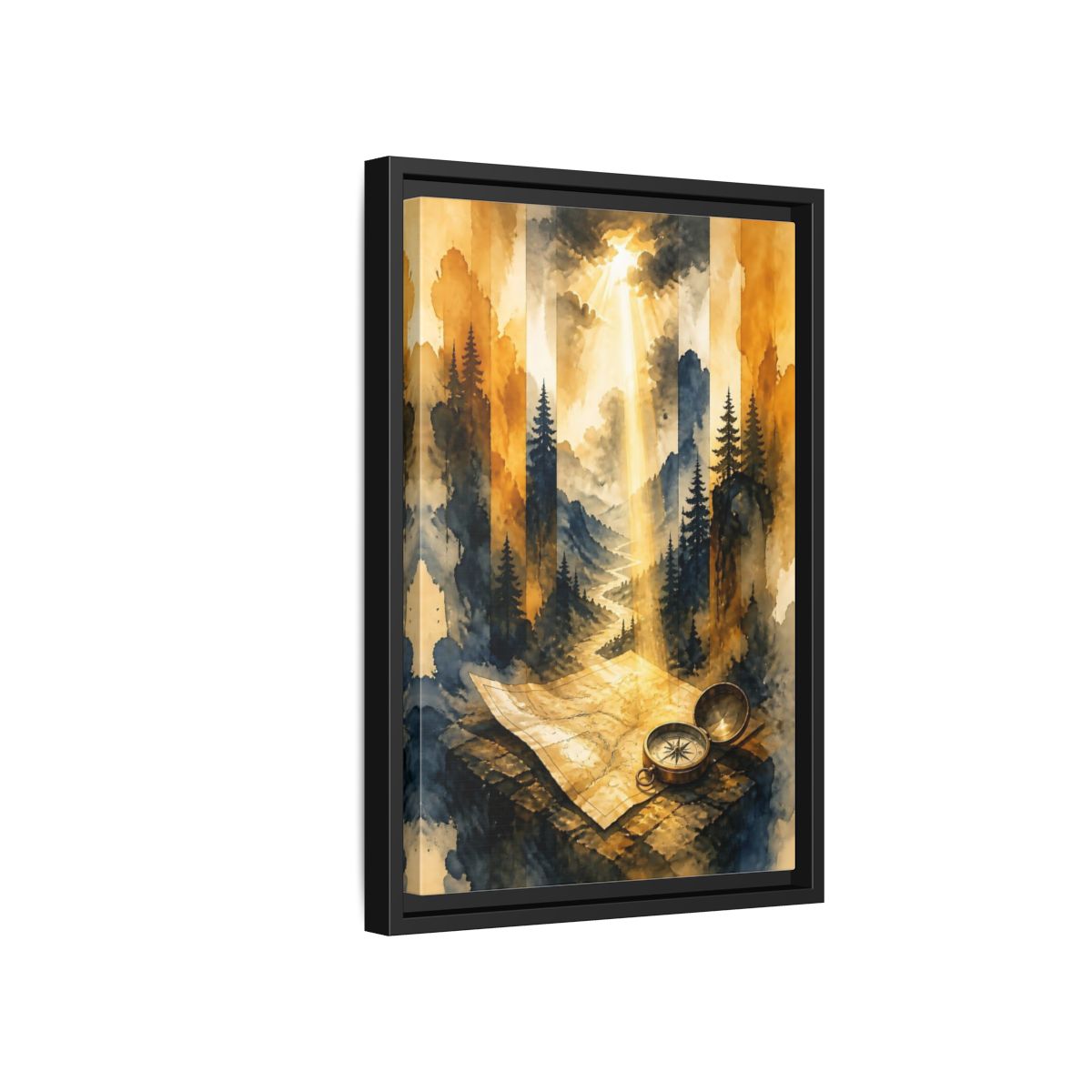 Side Mockup 6. Compass On Mountain Map shown as framed canvas print