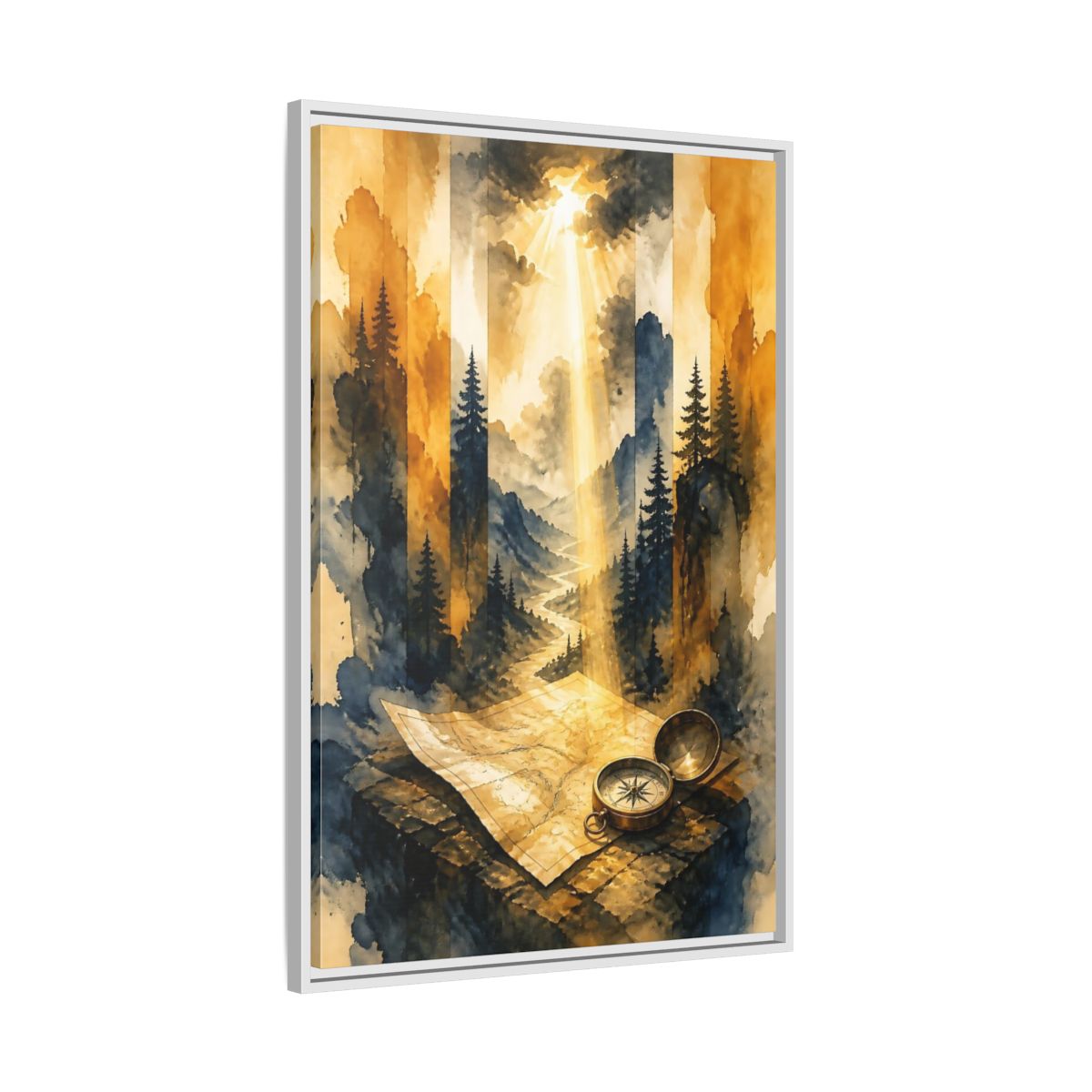 Side Mockup 9. Compass On Mountain Map shown as framed canvas print