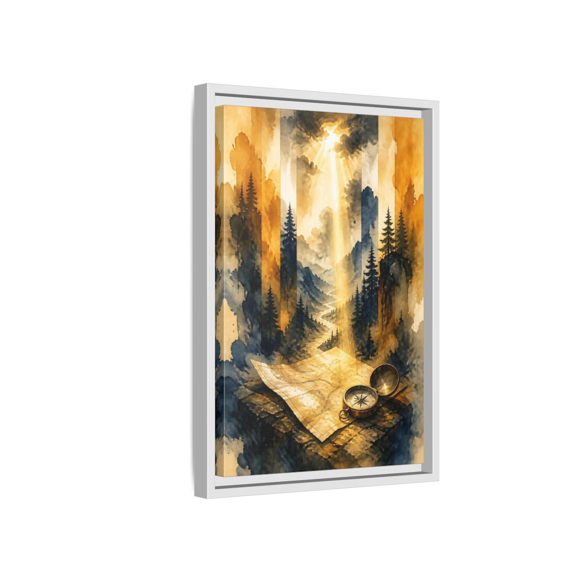 Side Mockup 4. Compass On Mountain Map shown as framed canvas print