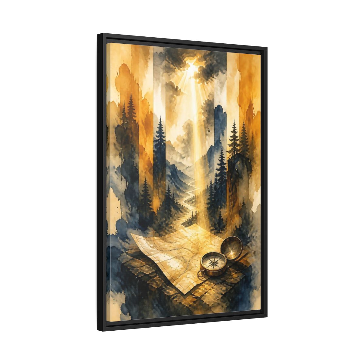 Side Mockup 14. Compass On Mountain Map shown as framed canvas print