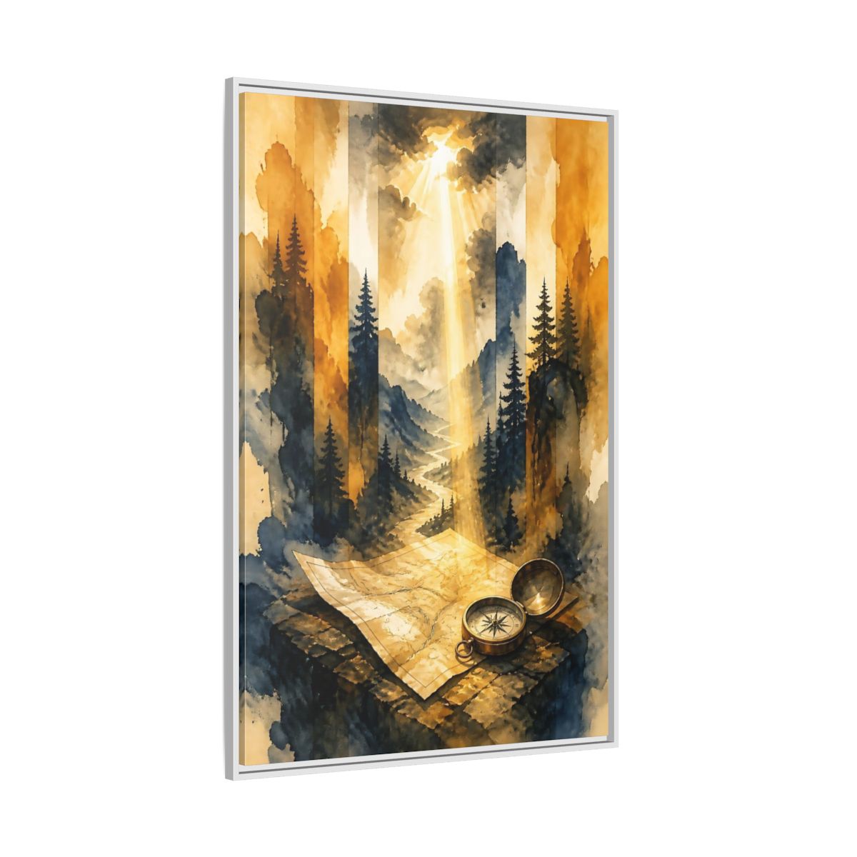 Side Mockup 7. Compass On Mountain Map shown as framed canvas print