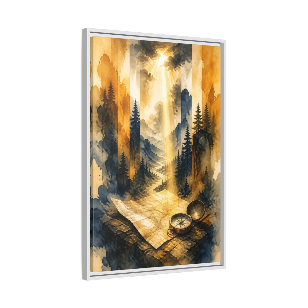 Side Mockup 10. Compass On Mountain Map shown as framed canvas print