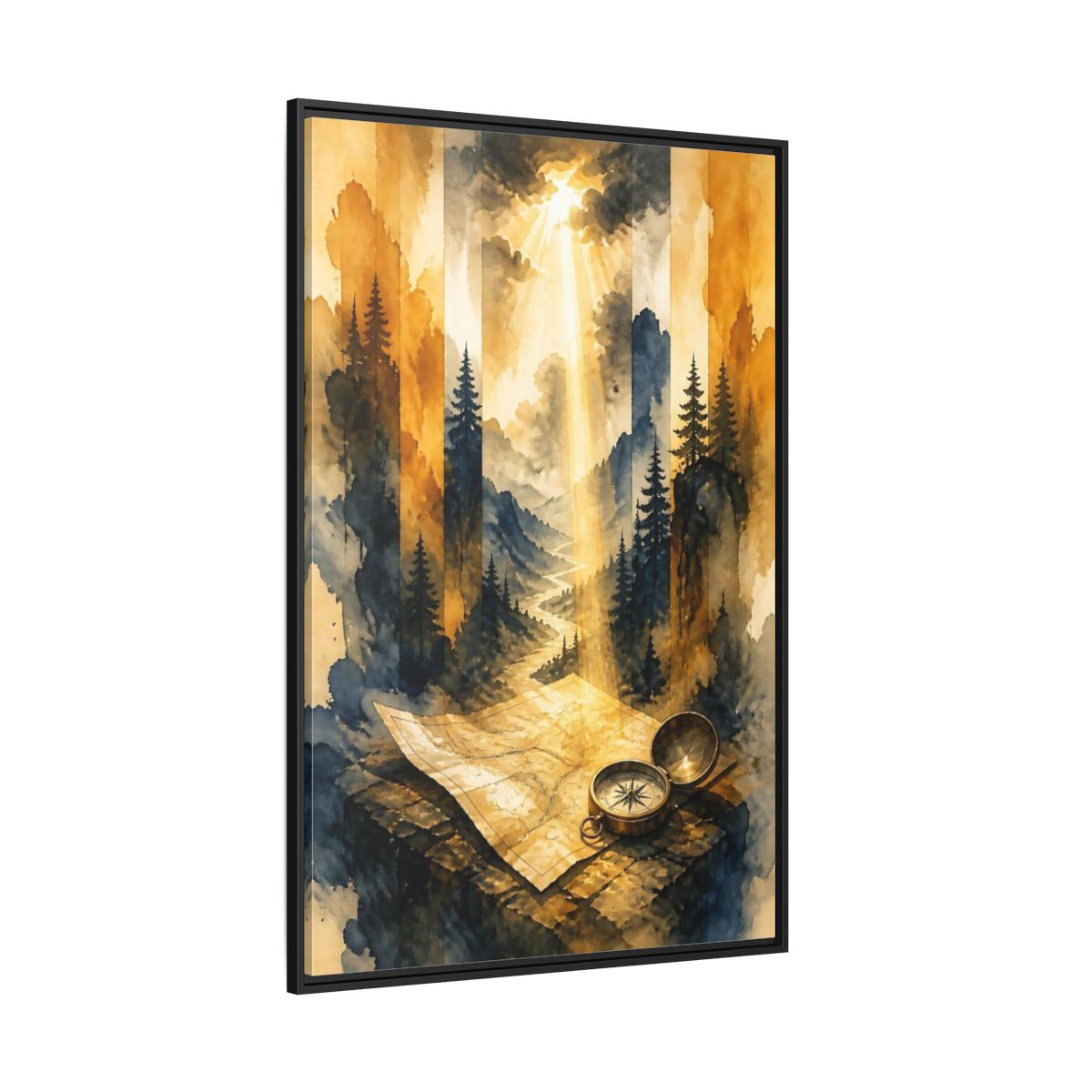 Side Mockup 12. Compass On Mountain Map shown as framed canvas print