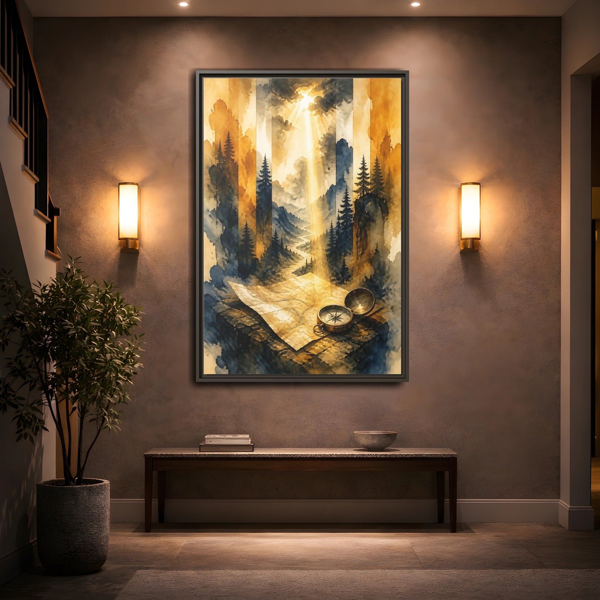 Mockup 2. Compass On Mountain Map shown as framed canvas print
