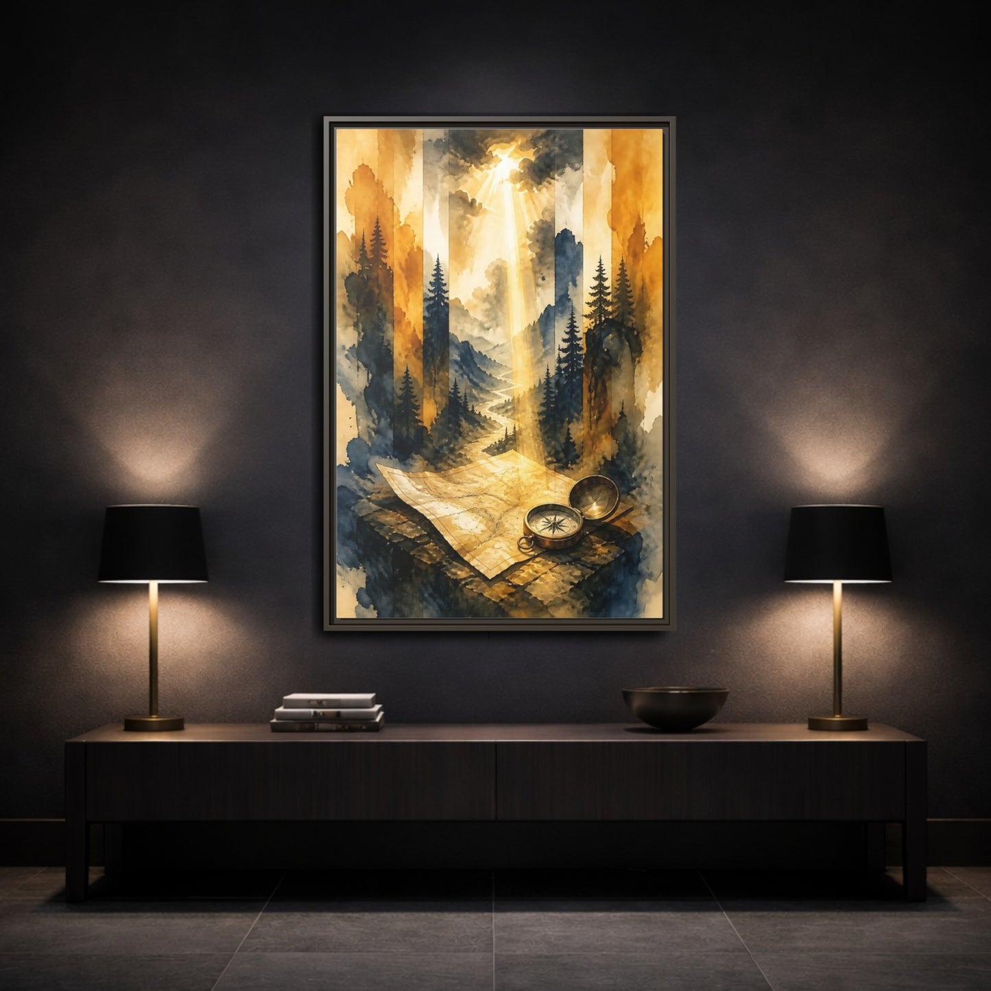 Mockup 3. Compass On Mountain Map shown as framed canvas print