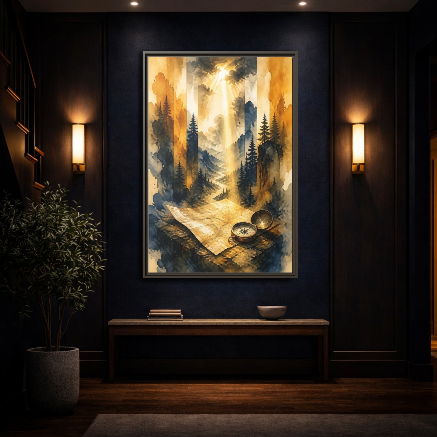 Mockup 4. Compass On Mountain Map shown as framed canvas print