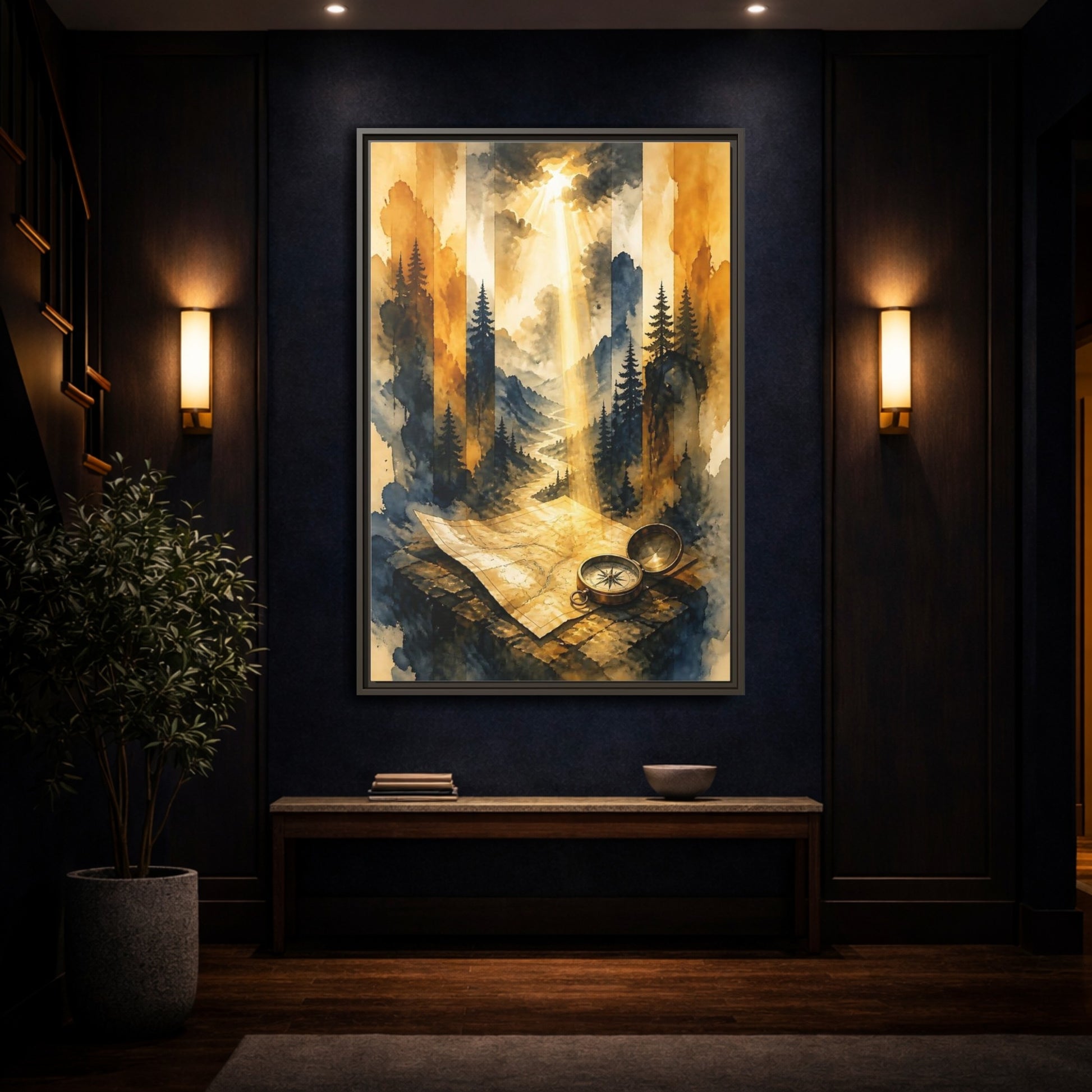 Mockup 4. Compass On Mountain Map shown as framed canvas print
