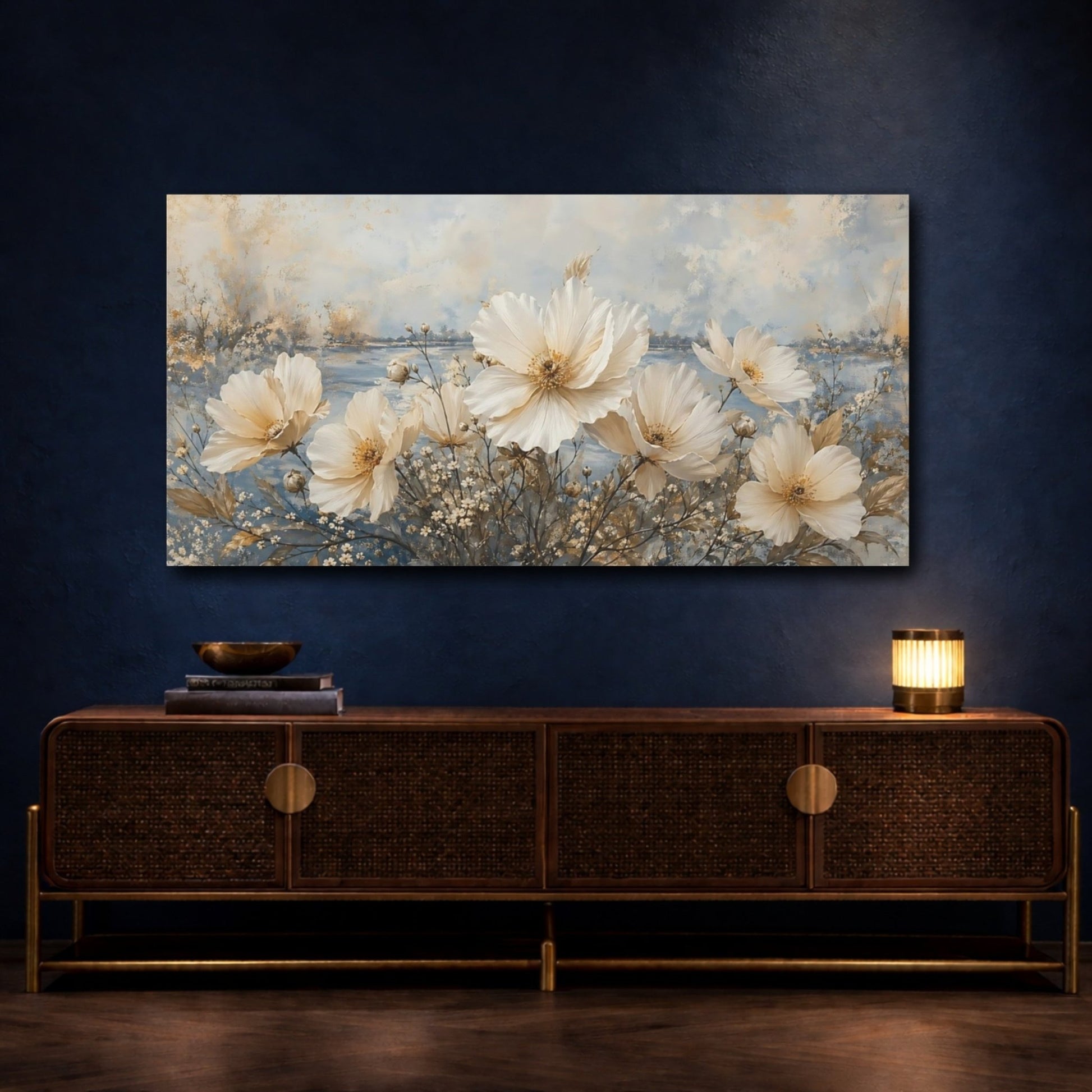 Conceptual Minimal Flower Composition With Outdoor Canvas Print – Living Room, Above Fireplace, Cream and Blue - YesArtYes