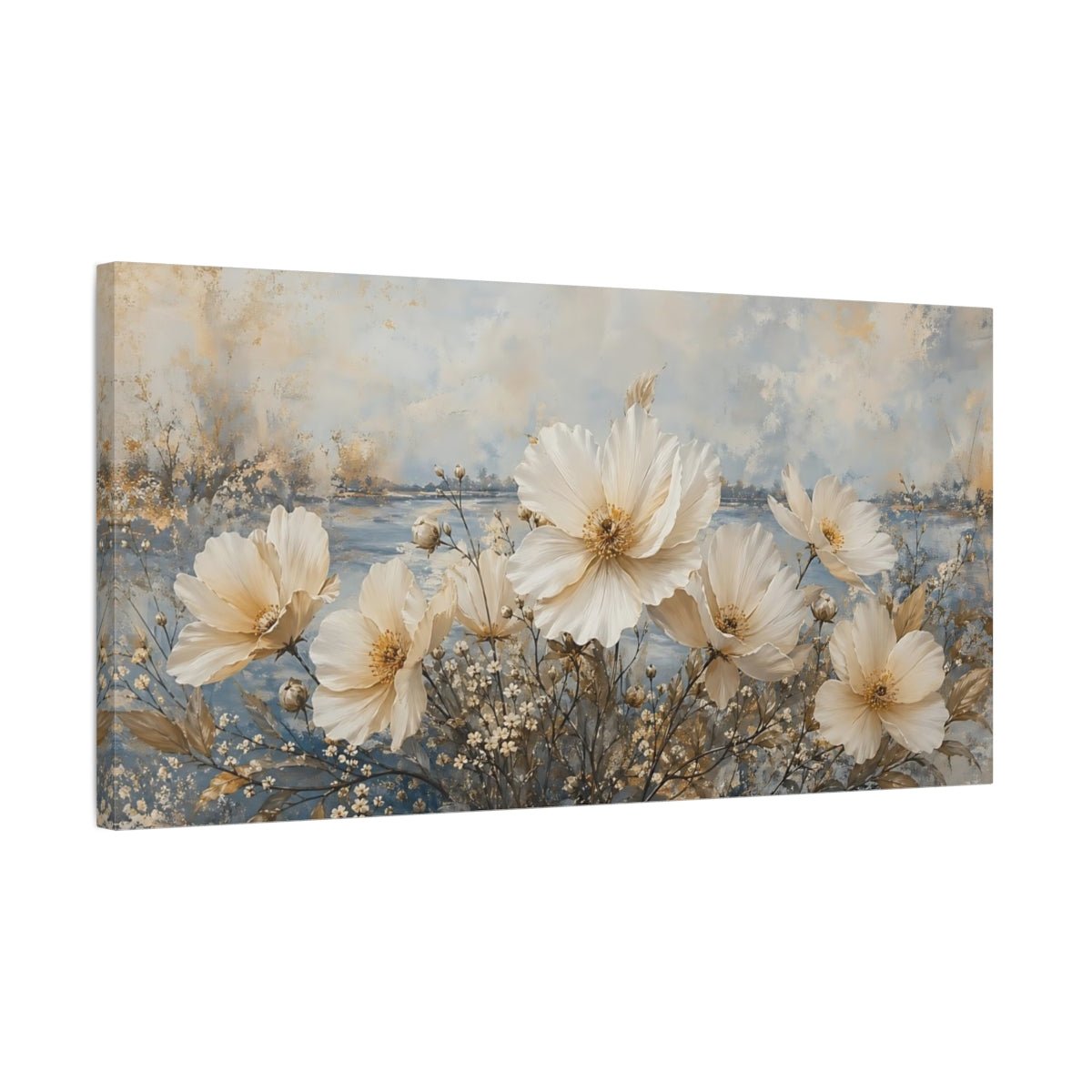 Conceptual Minimal Flower Composition With Outdoor Canvas Print – Living Room, Above Fireplace, Cream and Blue - YesArtYes