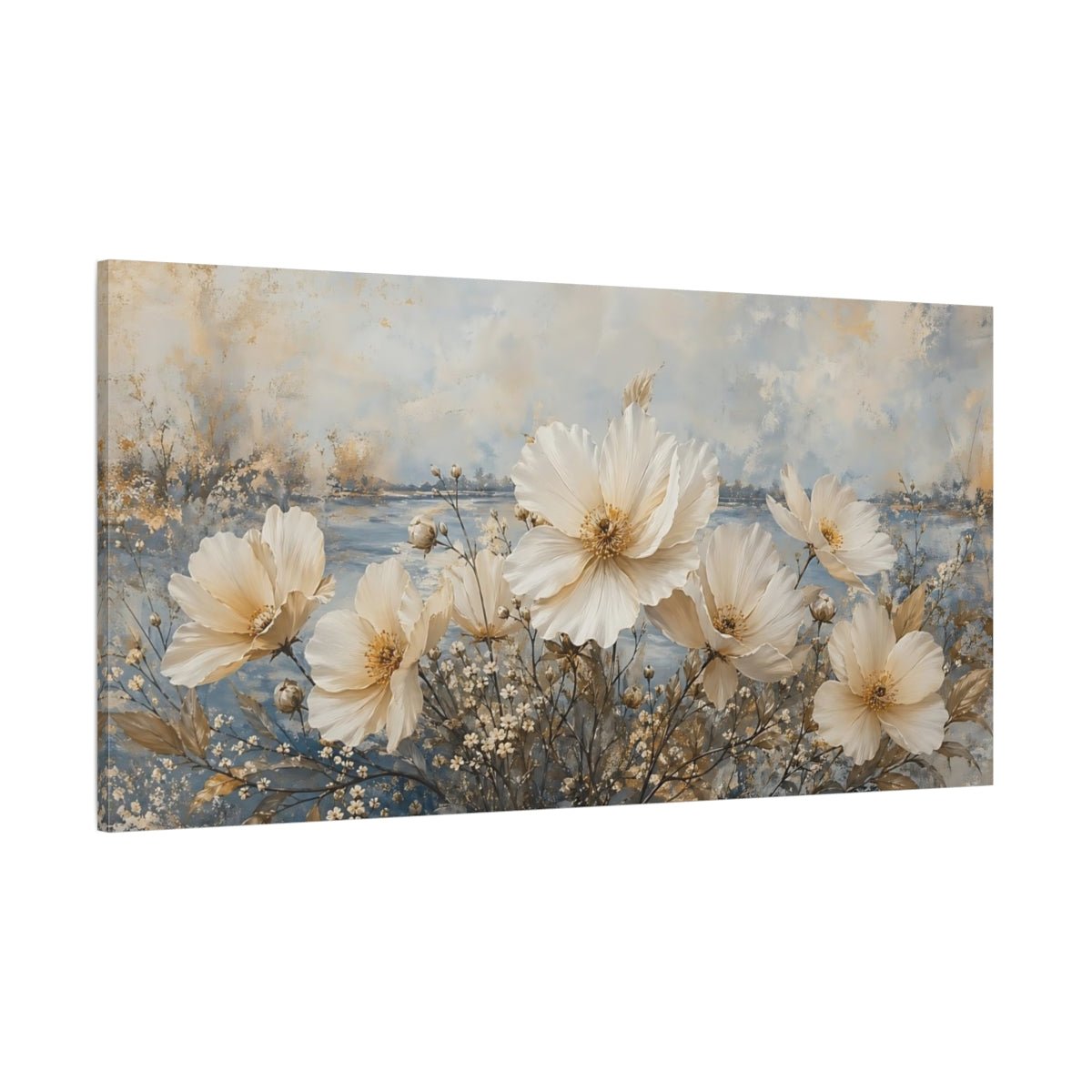 Conceptual Minimal Flower Composition With Outdoor Canvas Print – Living Room, Above Fireplace, Cream and Blue - YesArtYes