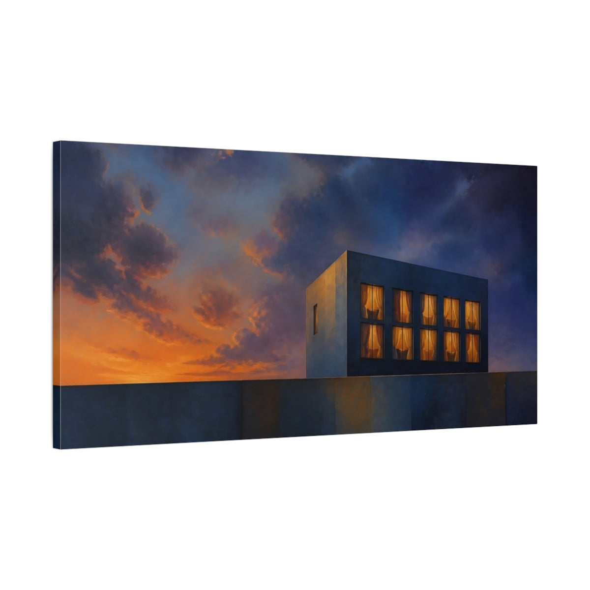 Main Mockup. Concrete Cube At Dusk shown as canvas print