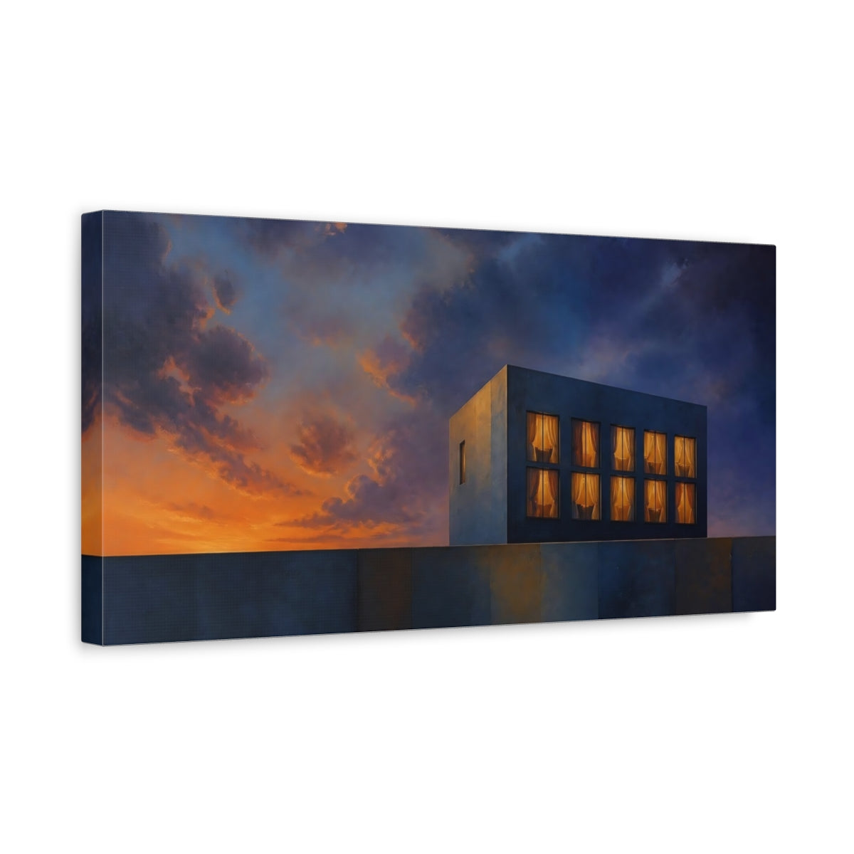 Side Mockup 3. Concrete Cube At Dusk shown as canvas print