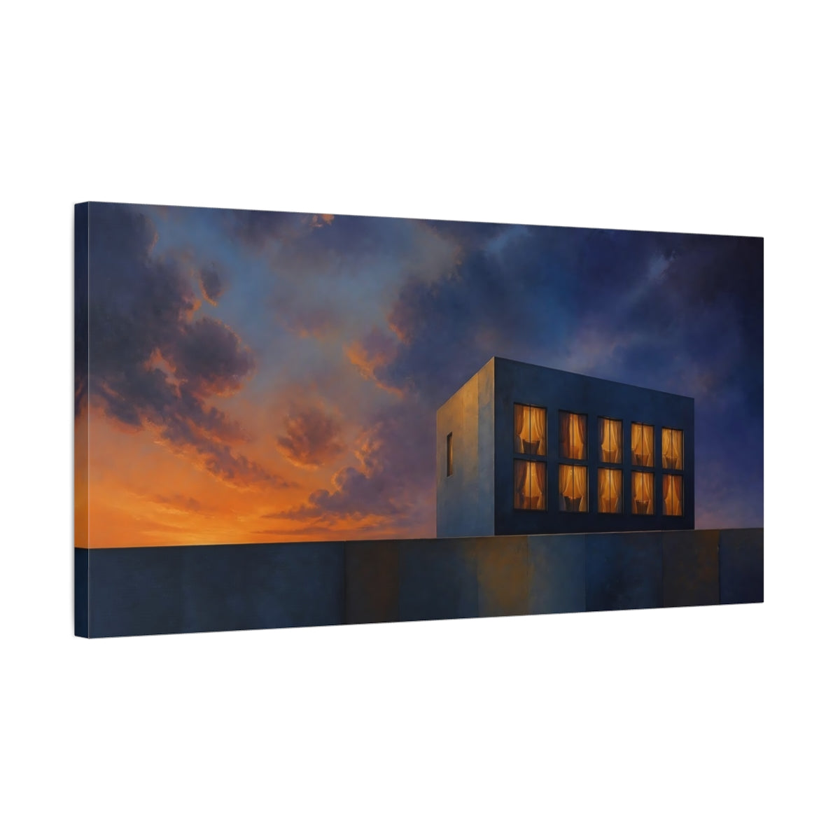 Side Mockup 1. Concrete Cube At Dusk shown as canvas print