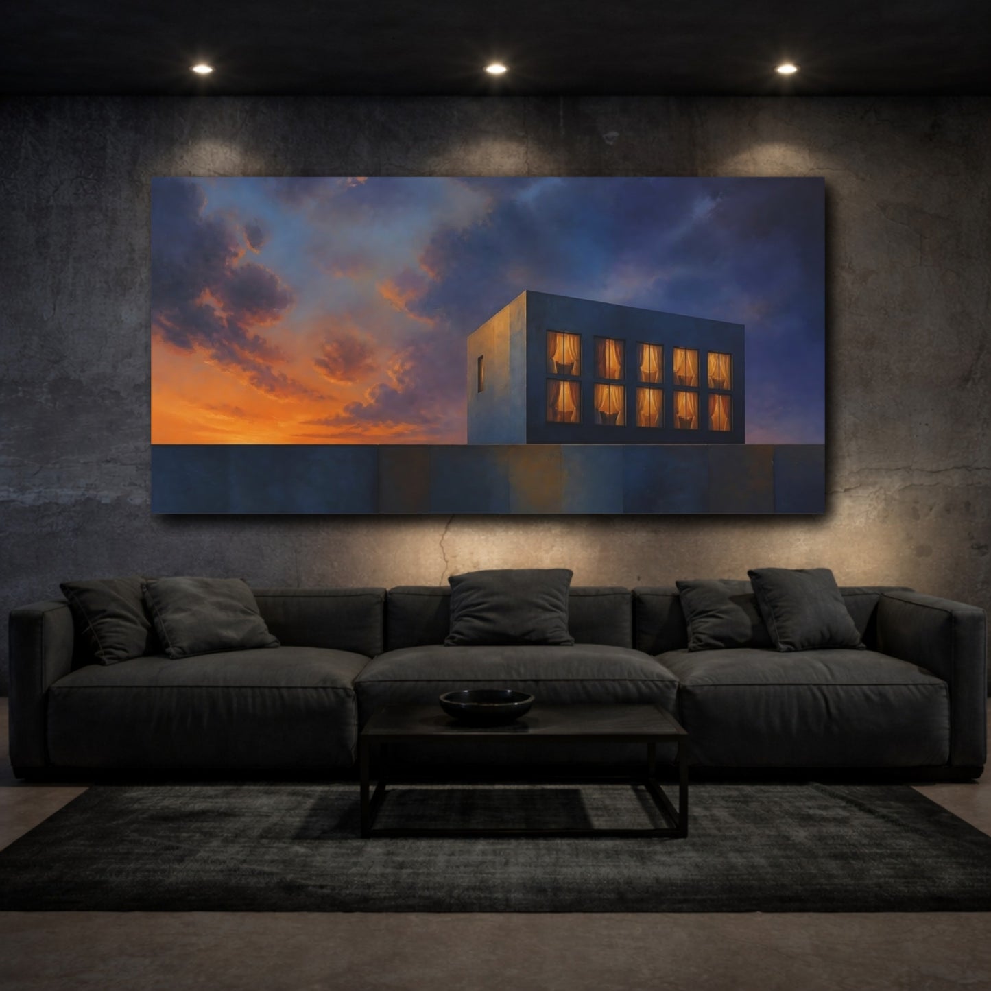 Mockup 3. Concrete Cube At Dusk shown as canvas print