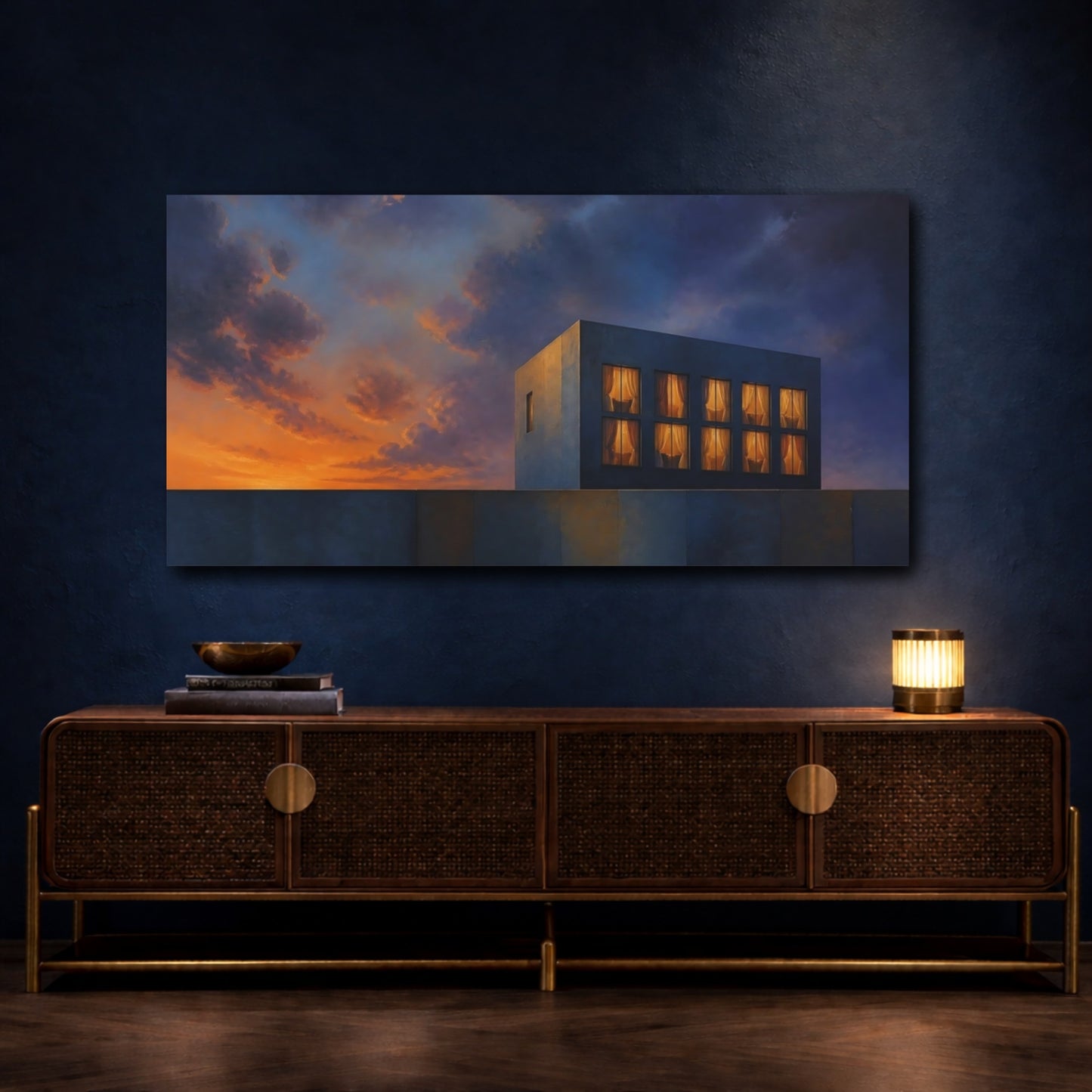 Mockup 4. Concrete Cube At Dusk shown as canvas print