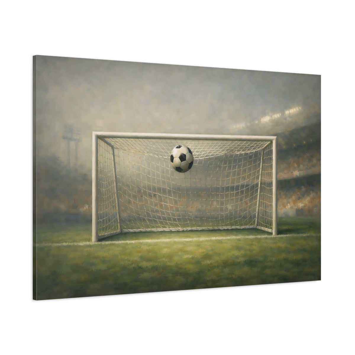 Main Mockup. Concrete Texture Soccer Goal Moment Wide Shot shown as stretched canvas wall art