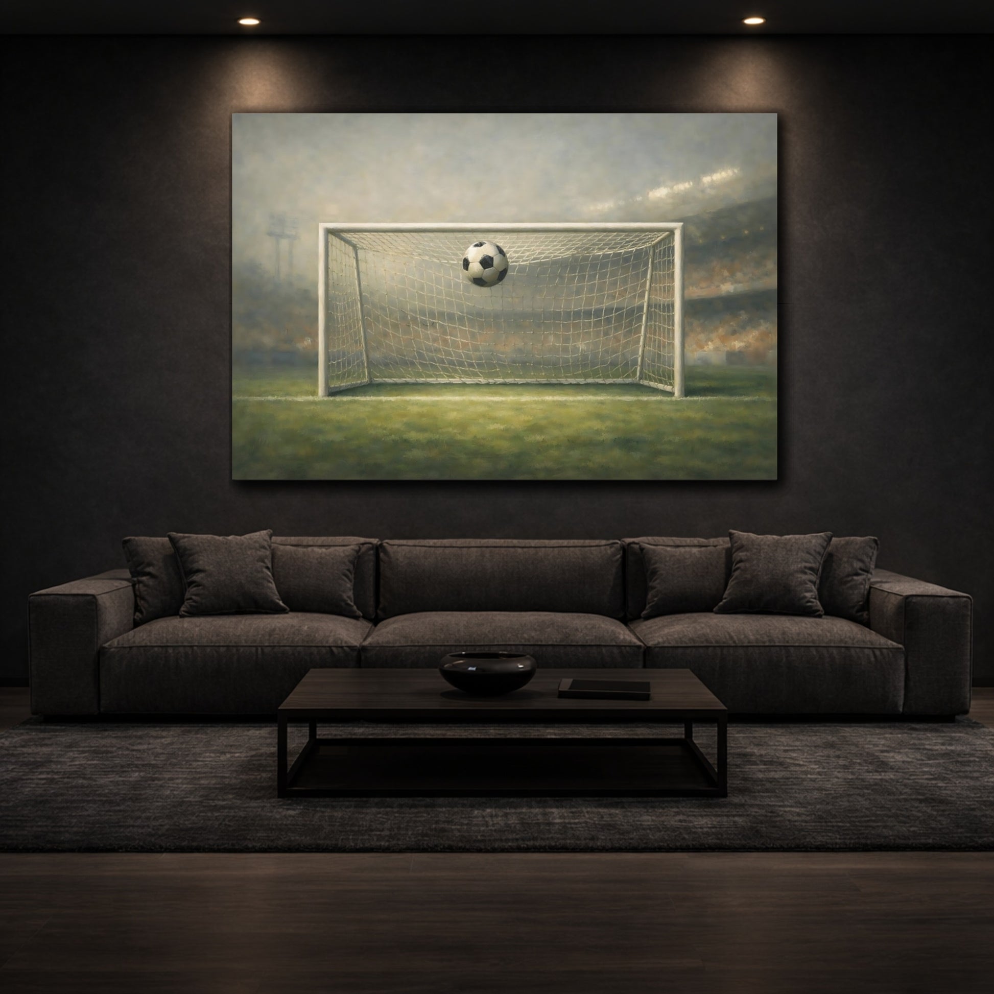Mockup 2. Concrete Texture Soccer Goal Moment Wide Shot shown as stretched canvas wall art