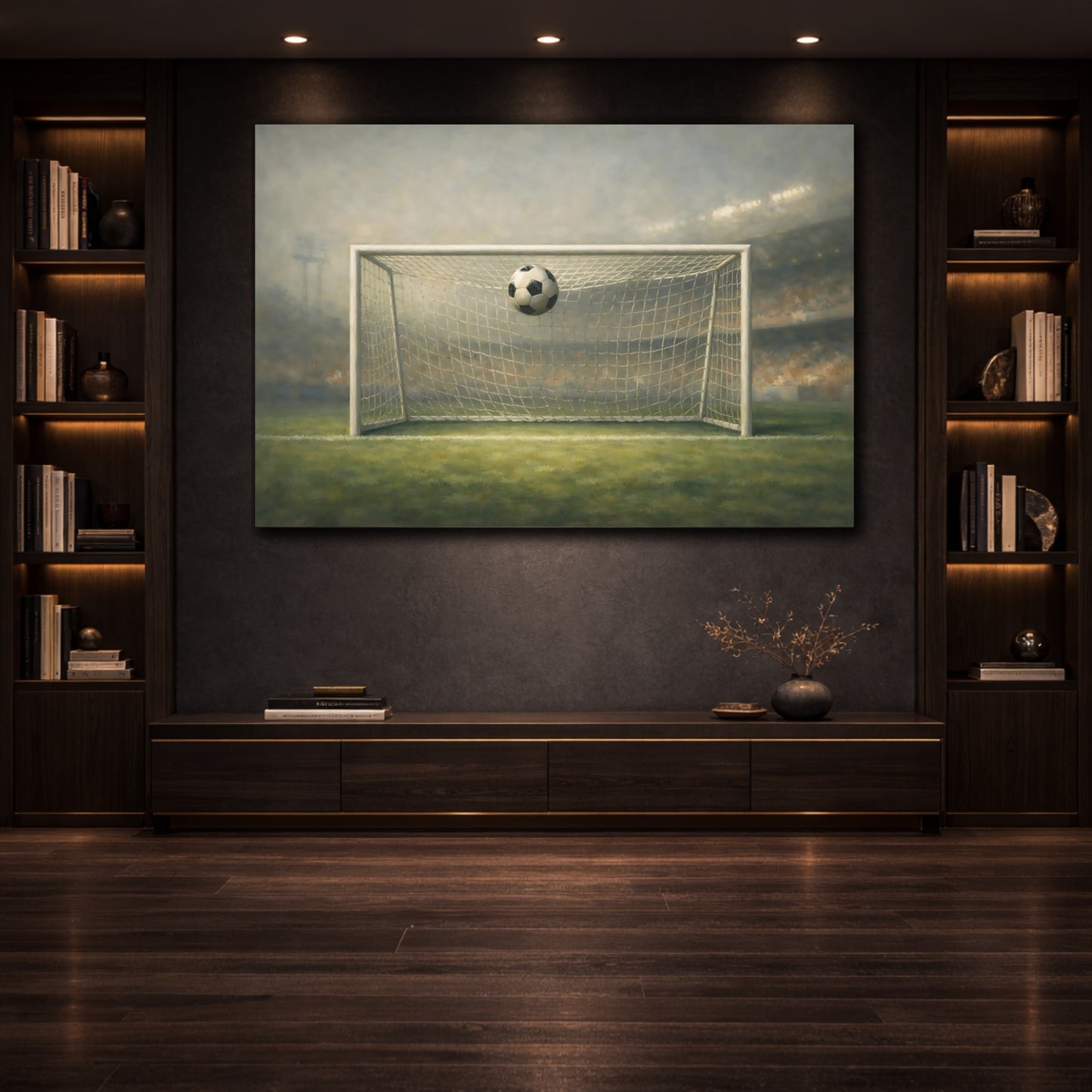 Mockup 3. Concrete Texture Soccer Goal Moment Wide Shot shown as stretched canvas wall art