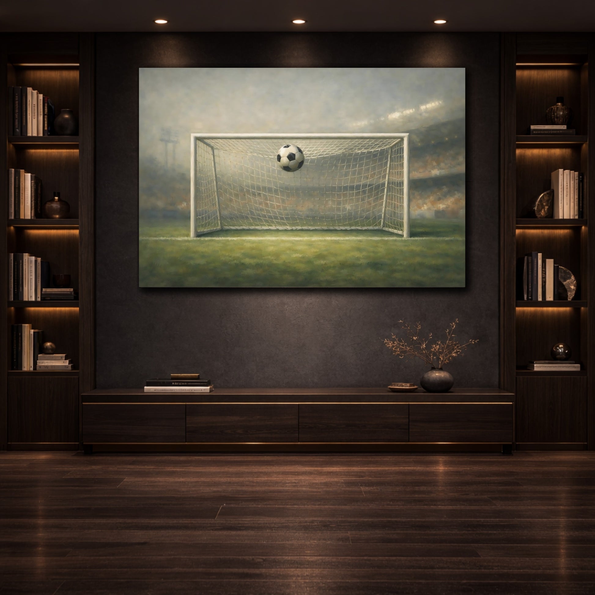 Mockup 3. Concrete Texture Soccer Goal Moment Wide Shot shown as stretched canvas wall art