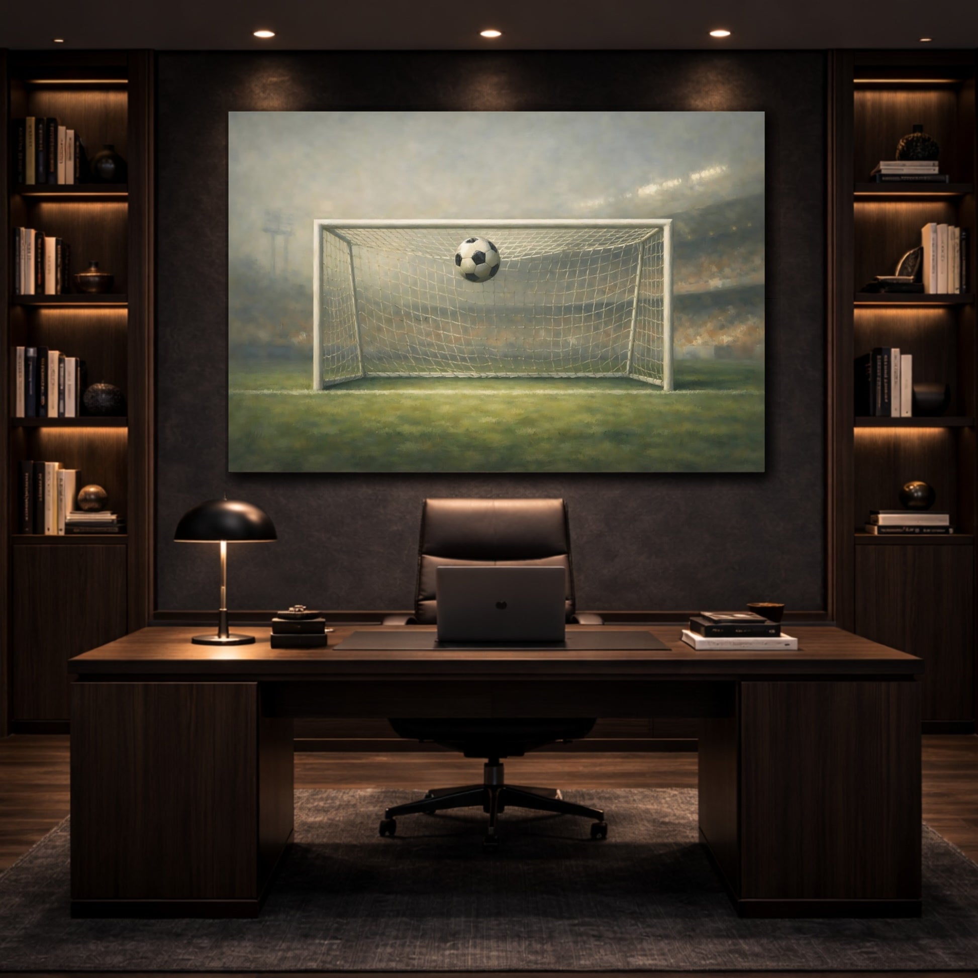 Mockup 4. Concrete Texture Soccer Goal Moment Wide Shot shown as stretched canvas wall art