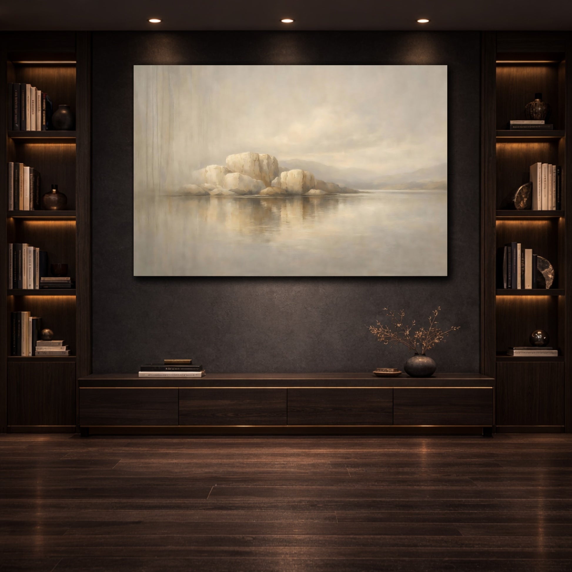 Mockup 3. Concrete Texture Vertical Flow Sculpted Lines shown as stretched canvas wall art