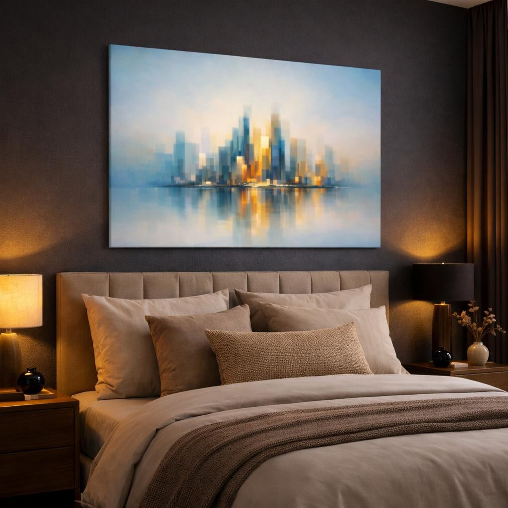 Contemporary Abstract Skyline Reflection shown as canvas wall art in a luxury bedroom